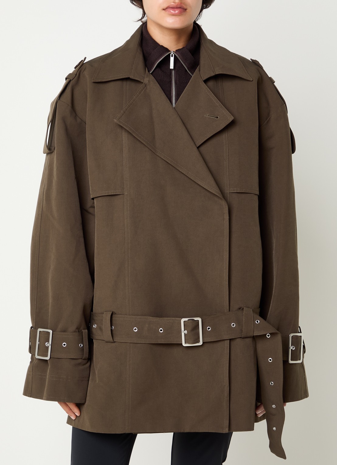 Gestuz Cherally oversized trenchcoat met ceintuur - detail mosgroen