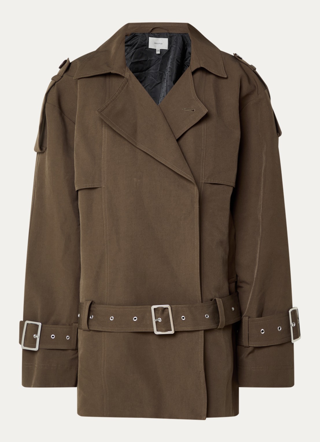 Gestuz Cherally oversized trenchcoat met ceintuur - voorkant 3 mosgroen