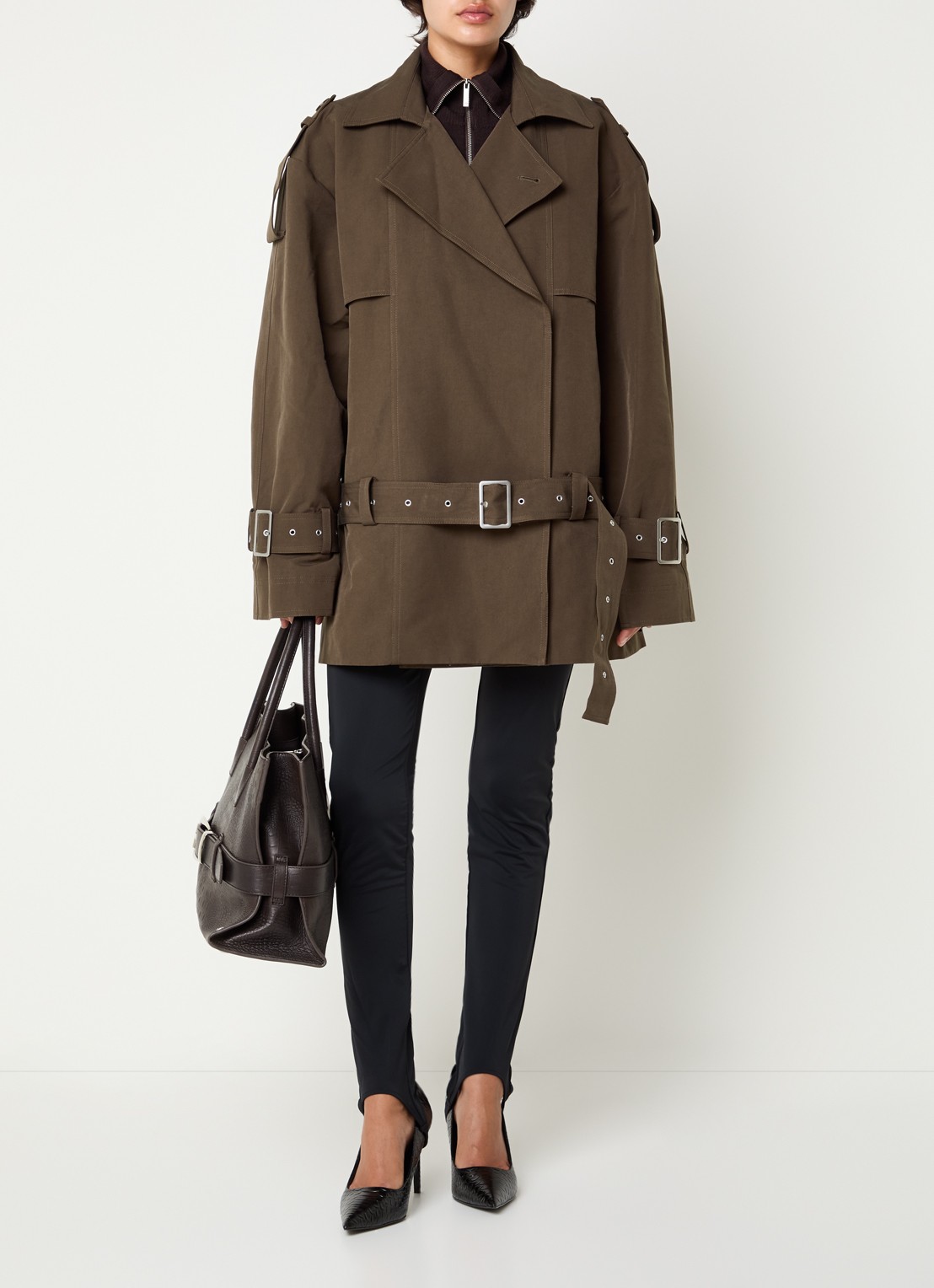 Gestuz Cherally oversized trenchcoat met ceintuur - voorkant 4 mosgroen