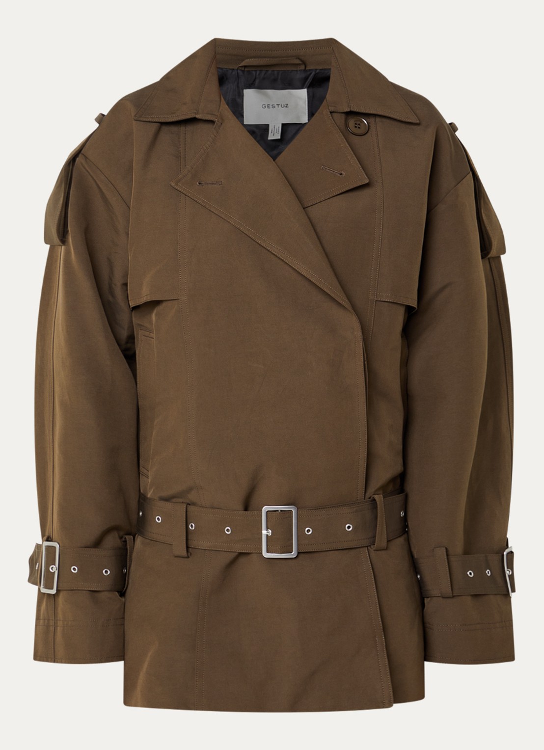Gestuz Cherally oversized trenchcoat met ceintuur - voorkant 2 zwart