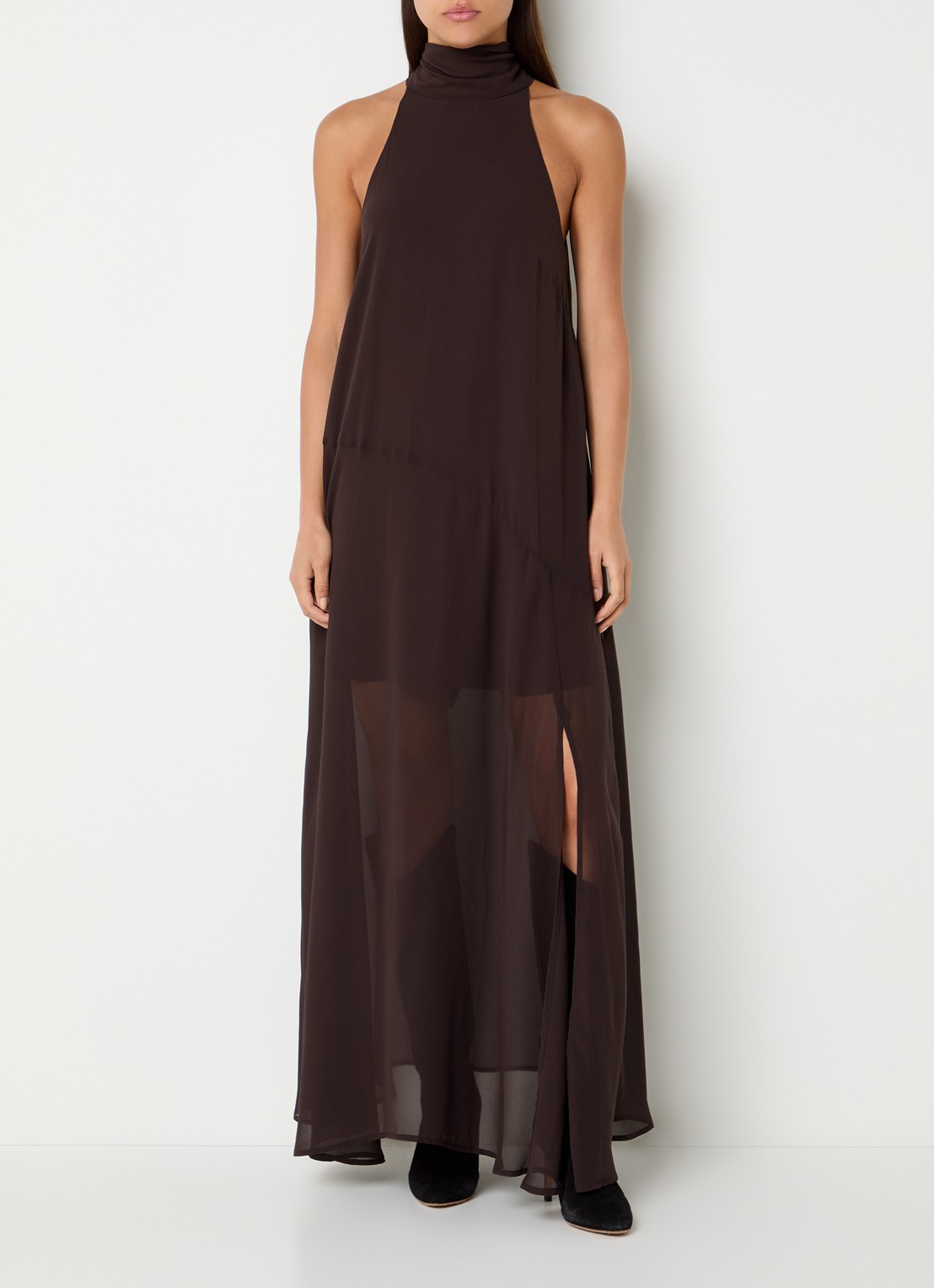 Gestuz Dorah semi-transparante maxi jurk met sjaalkraag - detail bruin