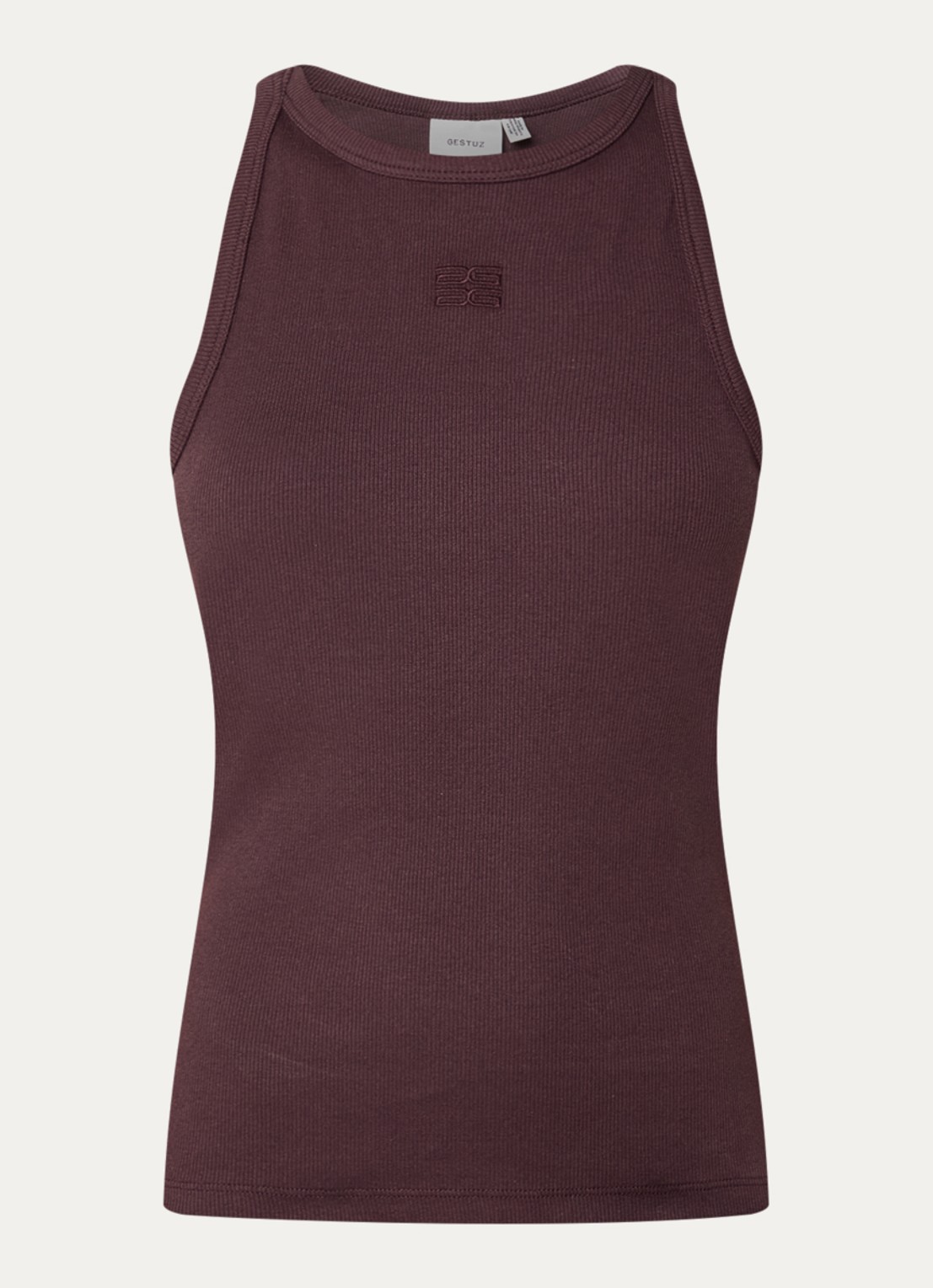Gestuz Drew tanktop met ribstructuur en logo - voorkant 3 kastanjebruin