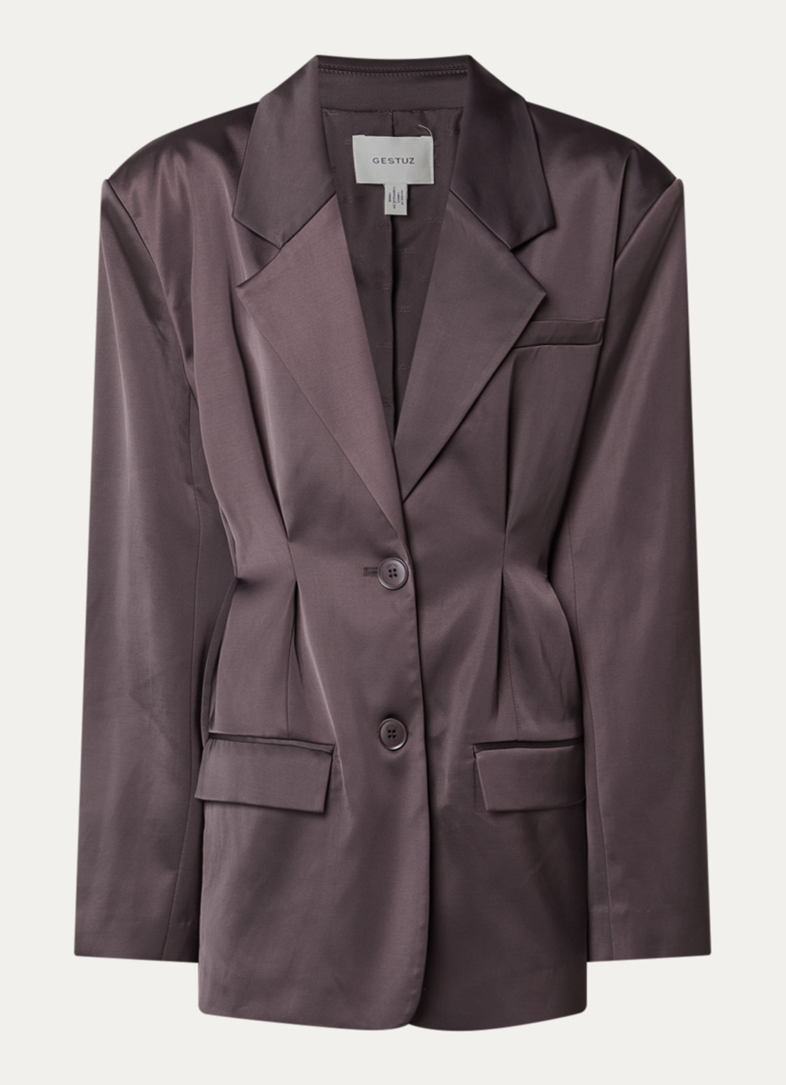 Gestuz Elva blazer met schoudervulling en glanzende finish - voorkant 2 aubergine