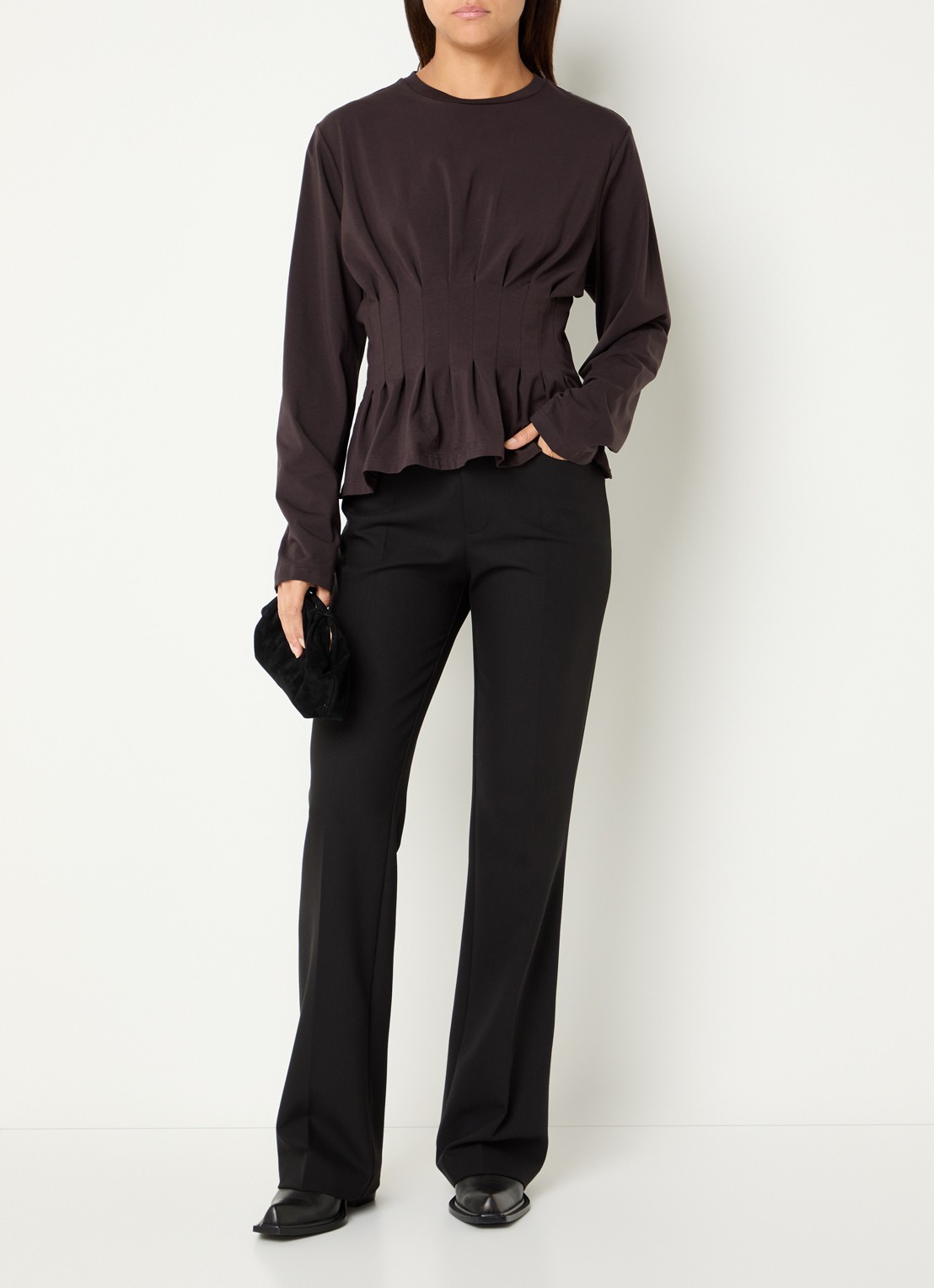 Gestuz Inez longsleeve met plissé - voorkant 3 aubergine