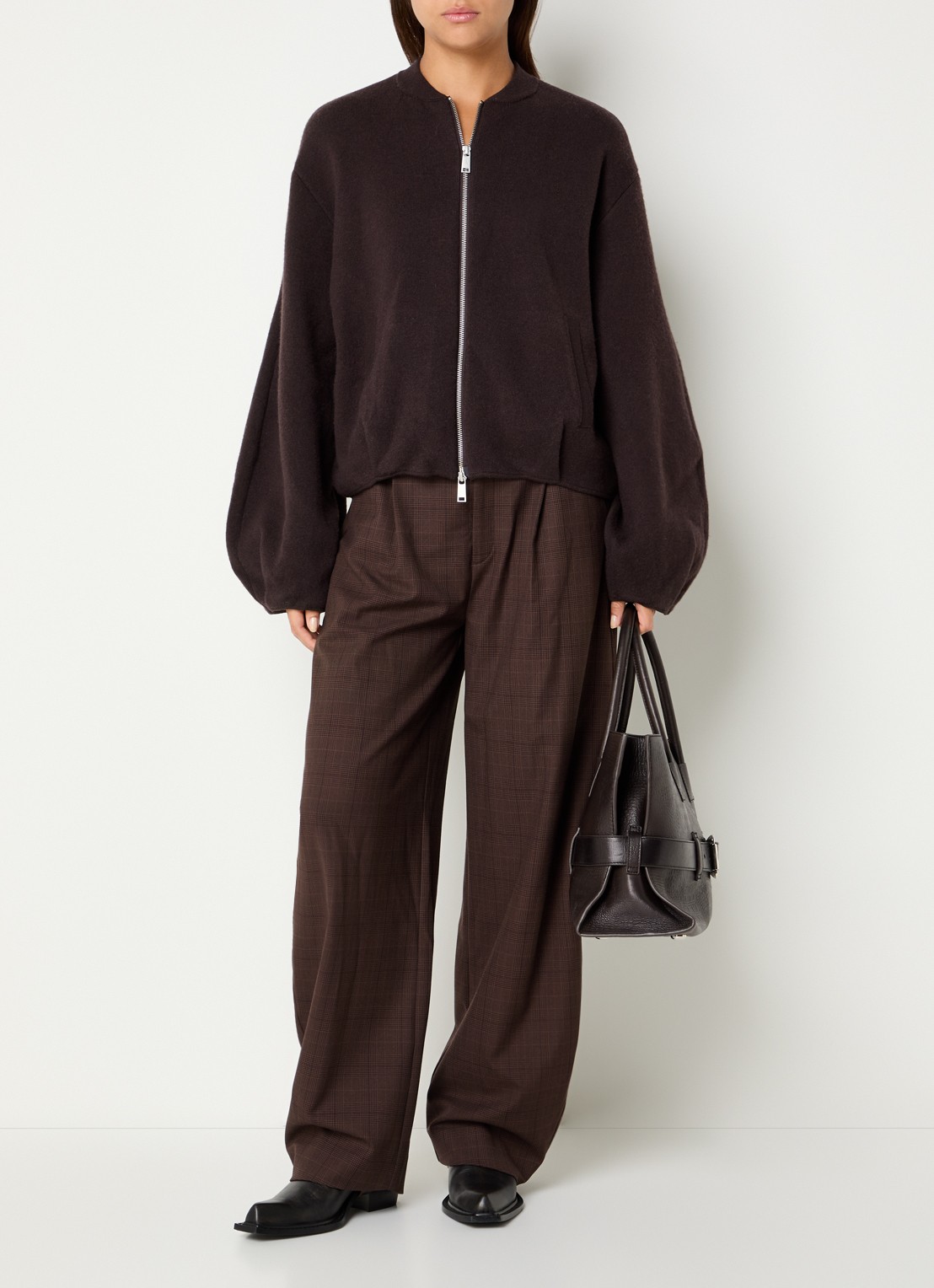 Gestuz Lavana high waist wide fit pantalon met ruitdessin - voorkant 2 bruin