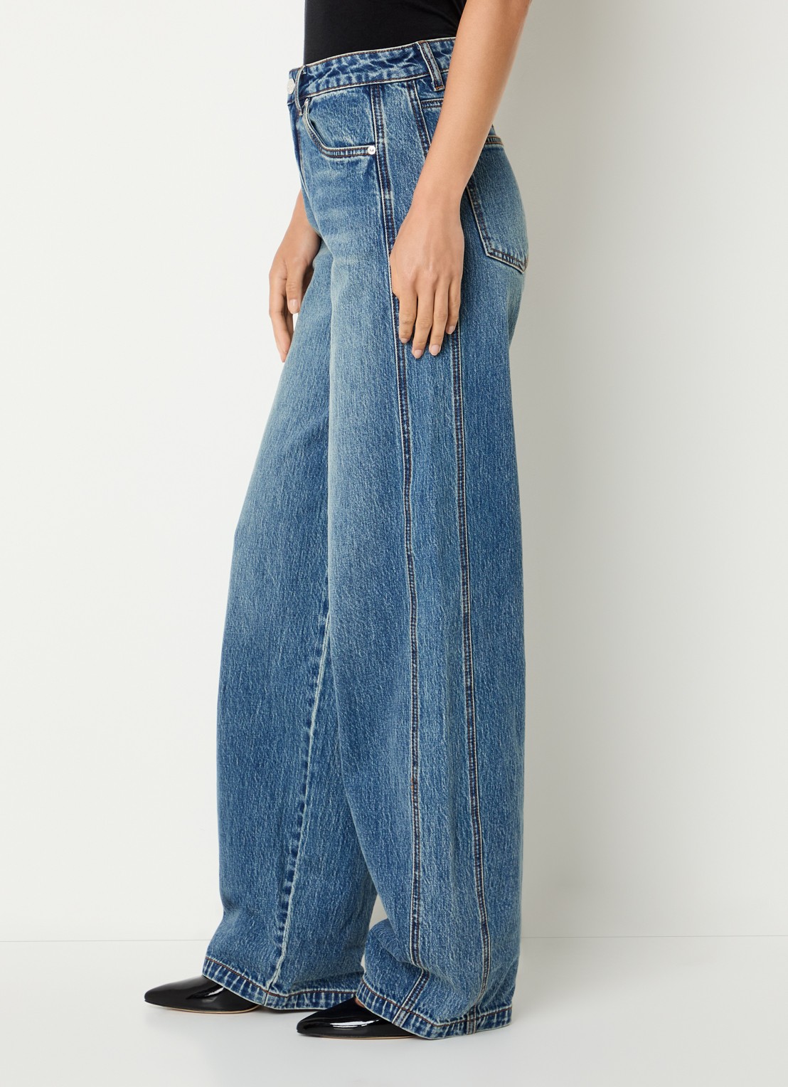 Gestuz Melu high waist wide leg jeans met medium wassing - detail 3 indigo