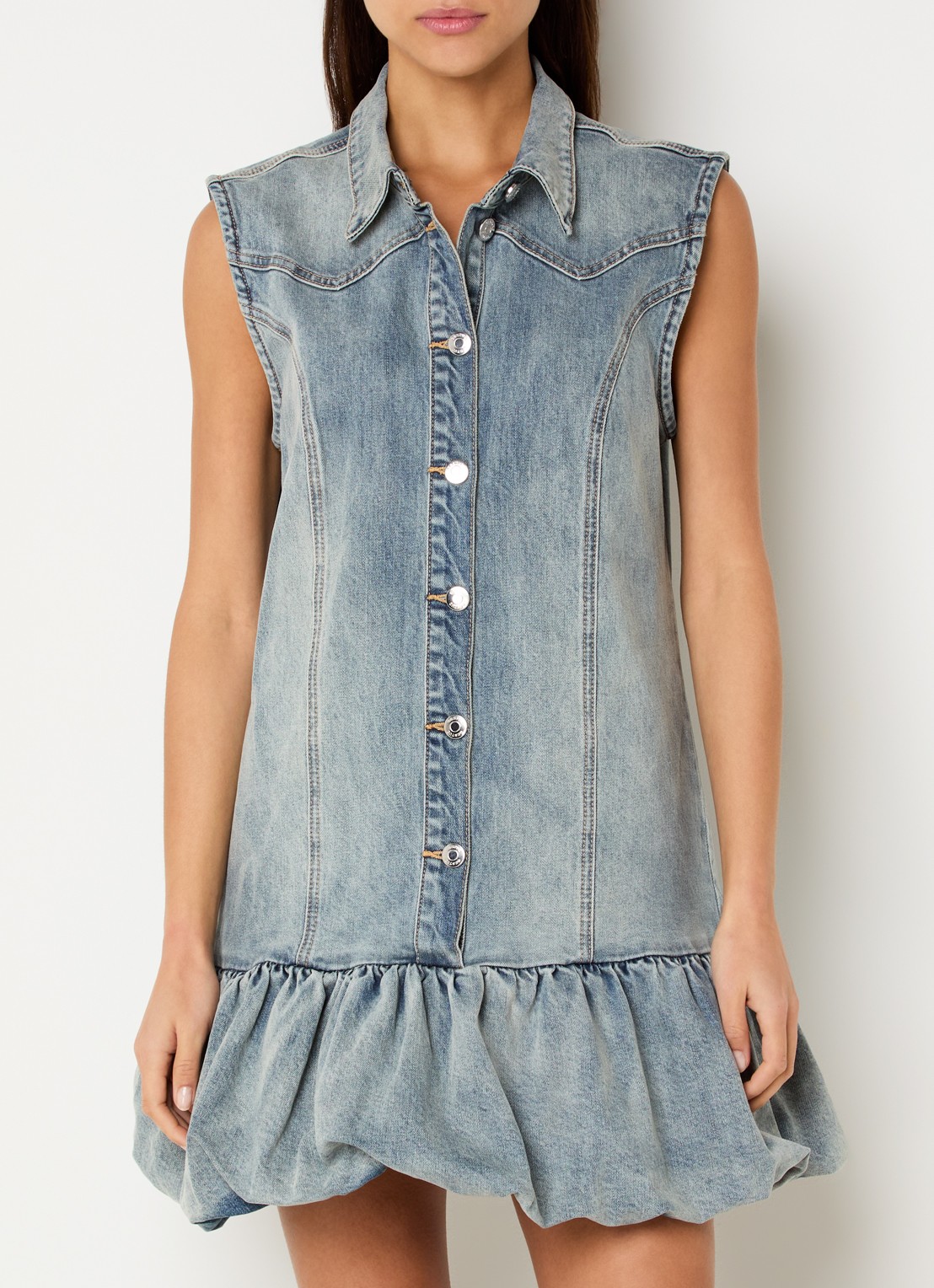 Gestuz Noma mini blousejurk van denim - detail blauwgrijs