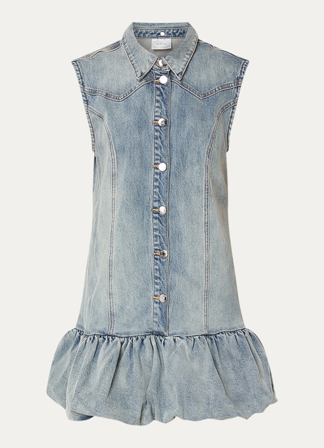 Gestuz Noma mini blousejurk van denim - voorkant 3 blauwgrijs