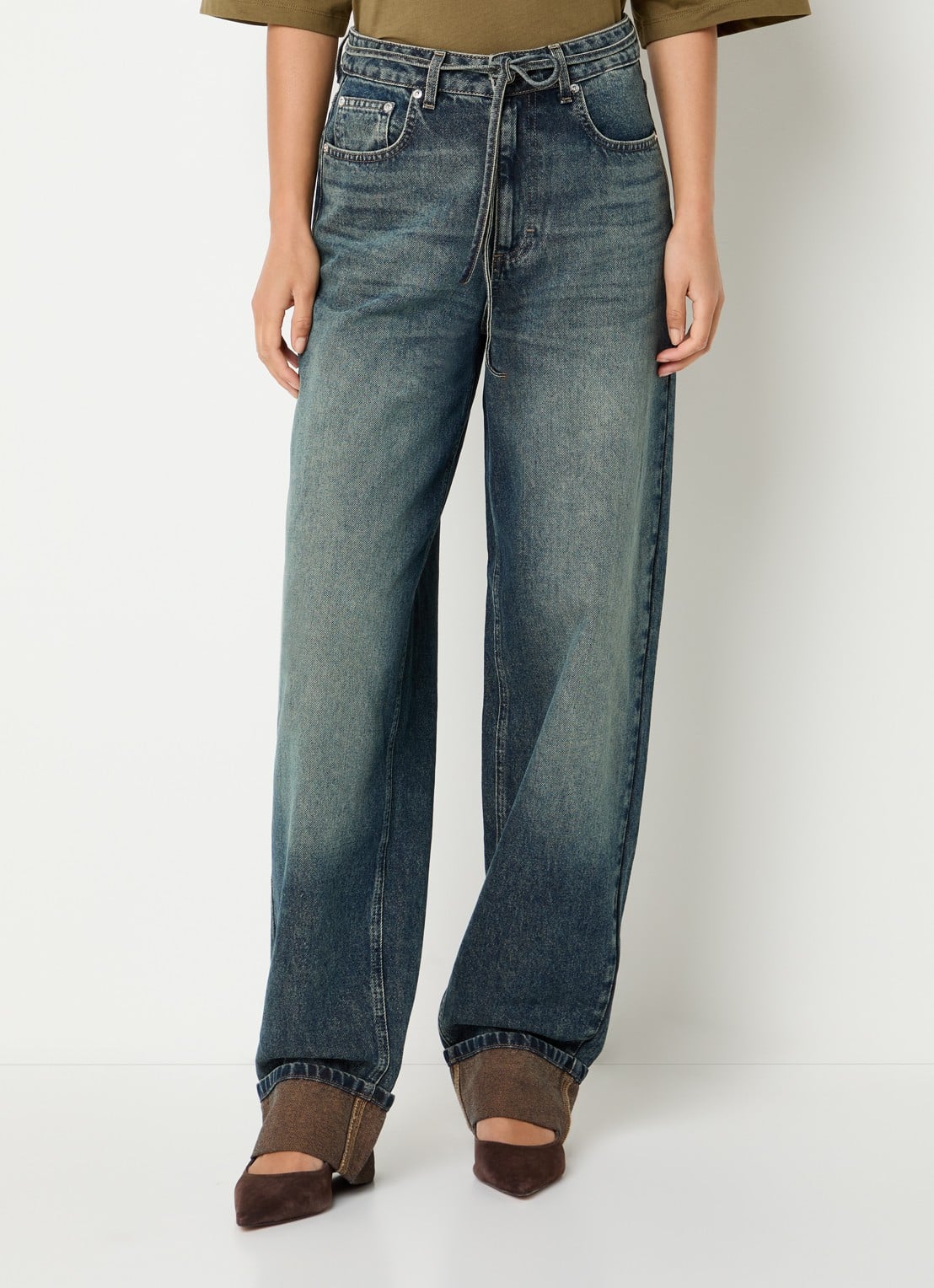 Gestuz Susara high waist wide fit jeans met donkere wassing - detail indigo