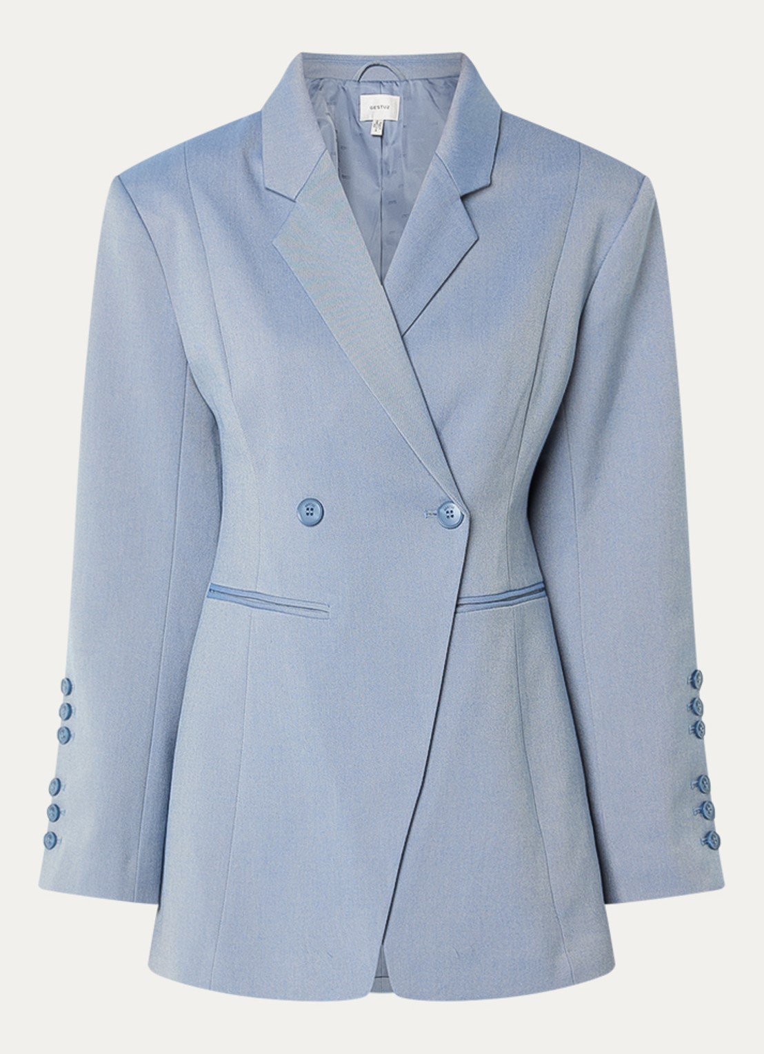 Gestuz Wendi double-breasted blazer met paspelzakken - voorkant 2 blauwgrijs