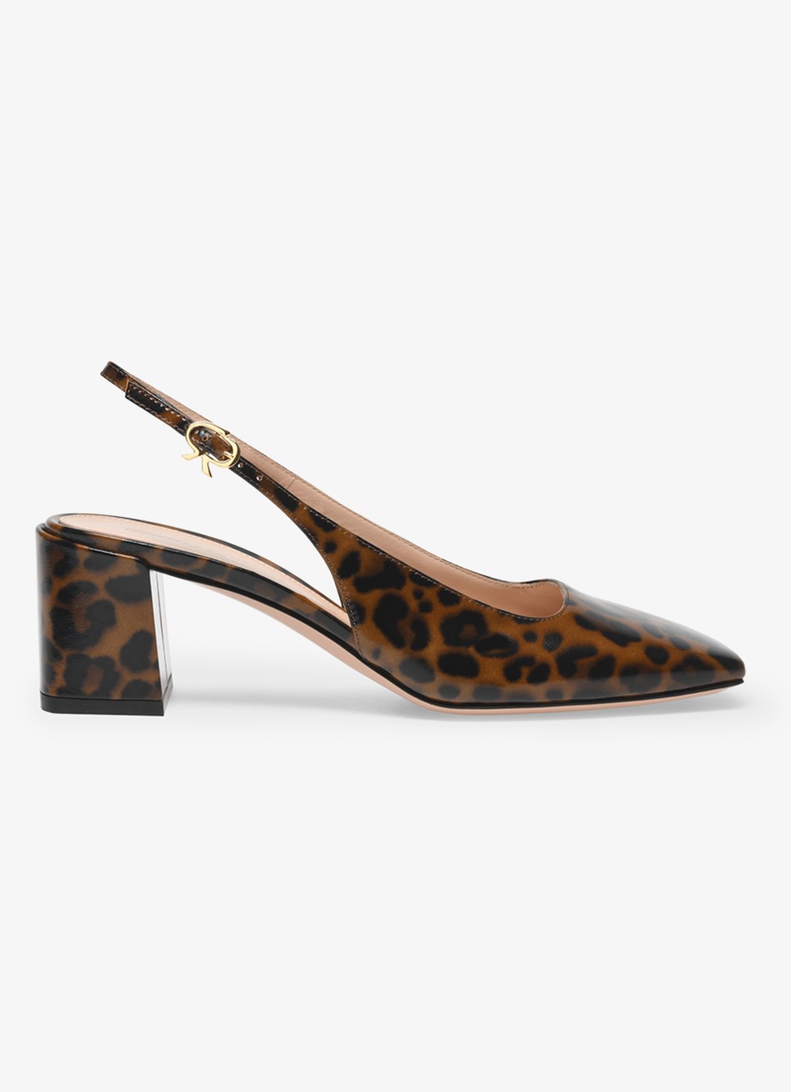 Gianvito Rossi Freeda Sling 55 slingback van lakleer met panterprint - voorkant donkerbruin
