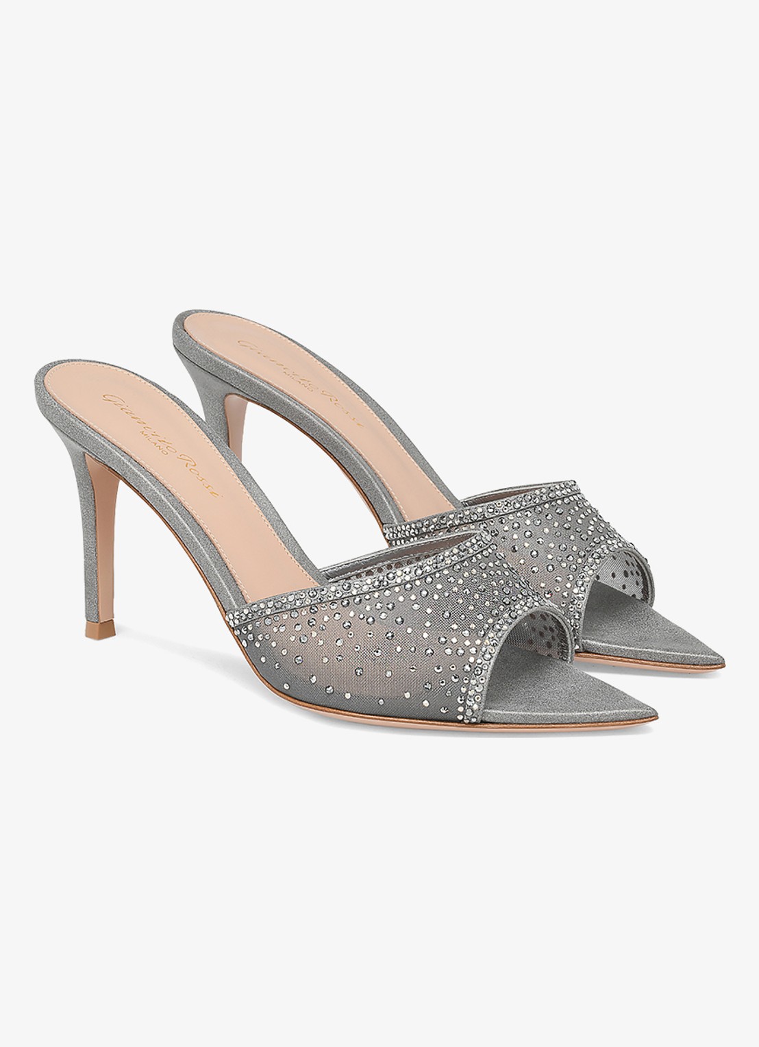 Gianvito Rossi Rania Mule 85 muiltje met suède details en strass - voorkant 4 zilver