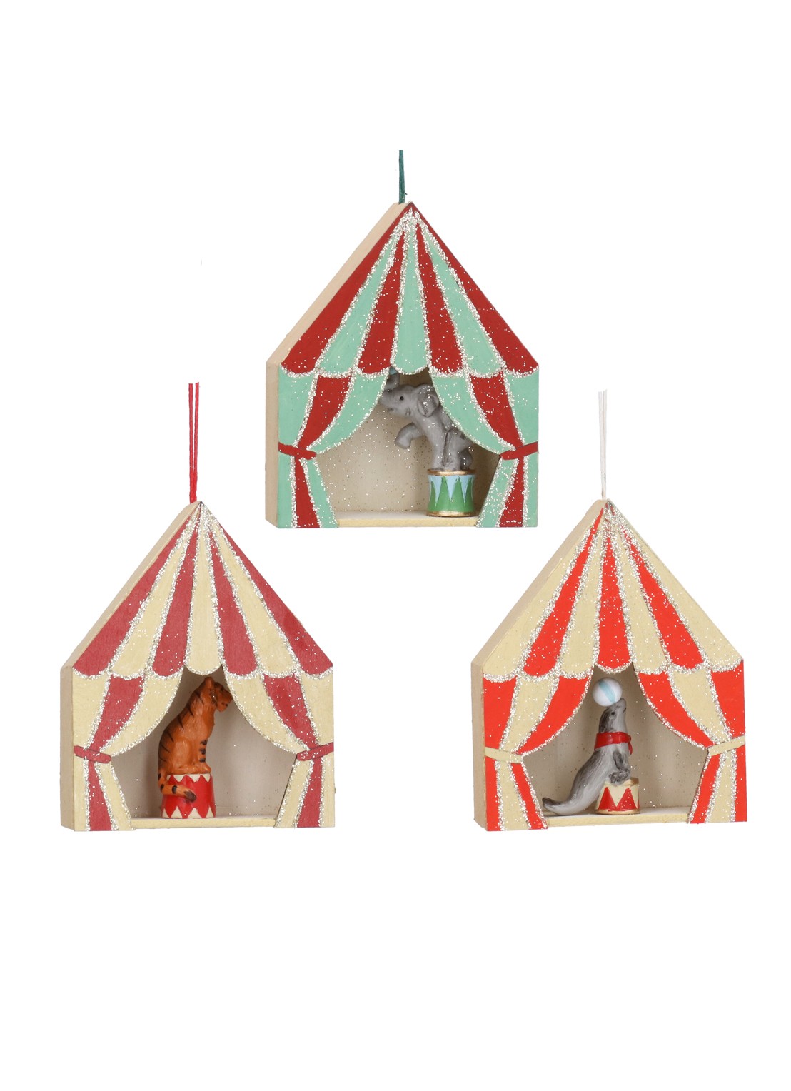 Gisela Graham Circus Tent kersthanger 10 cm set van 3 - voorkant rood