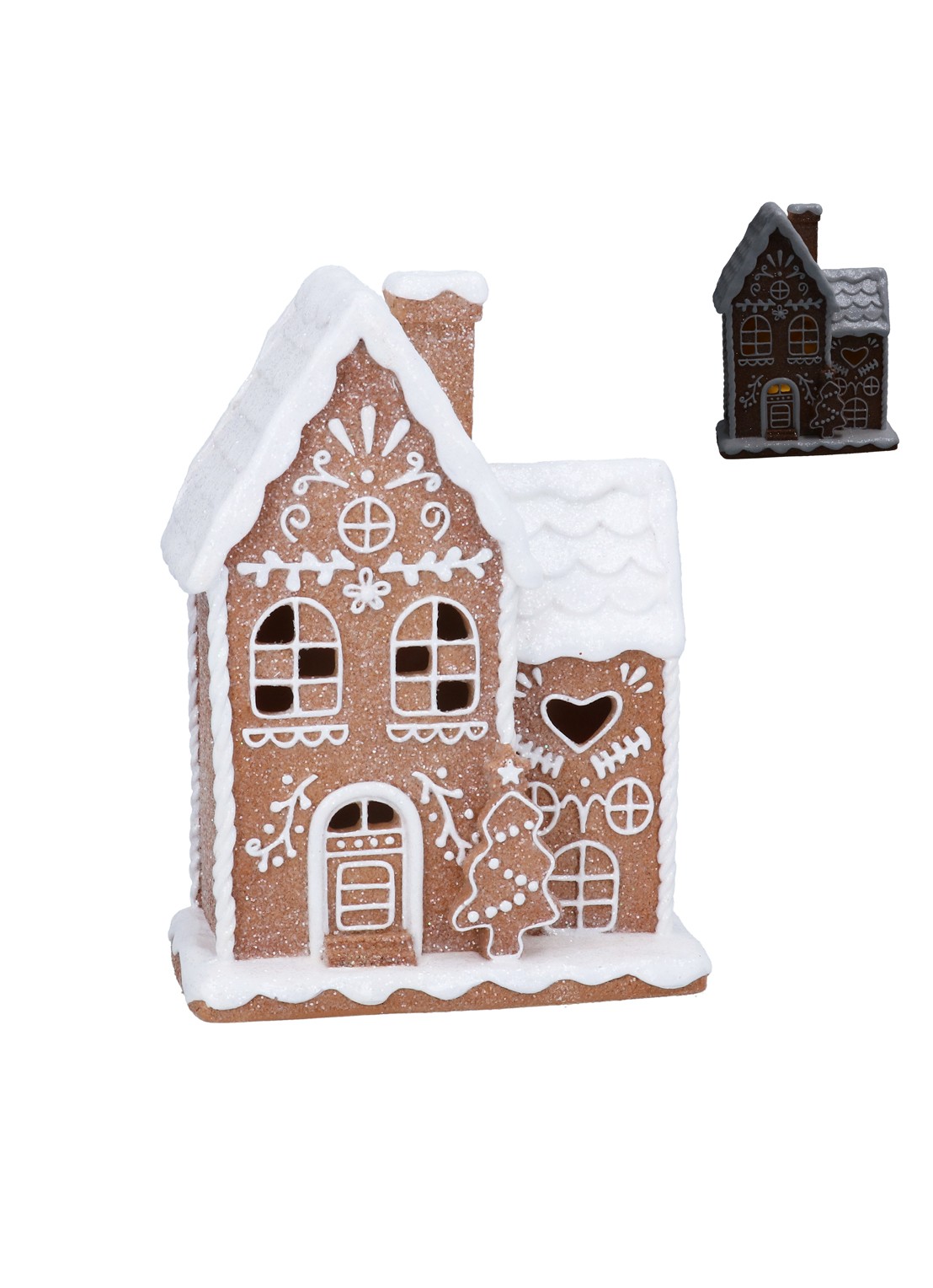 Gisela Graham Gingerbread Huis kerstornament met LED verlichting 20 cm               - voorkant bruin