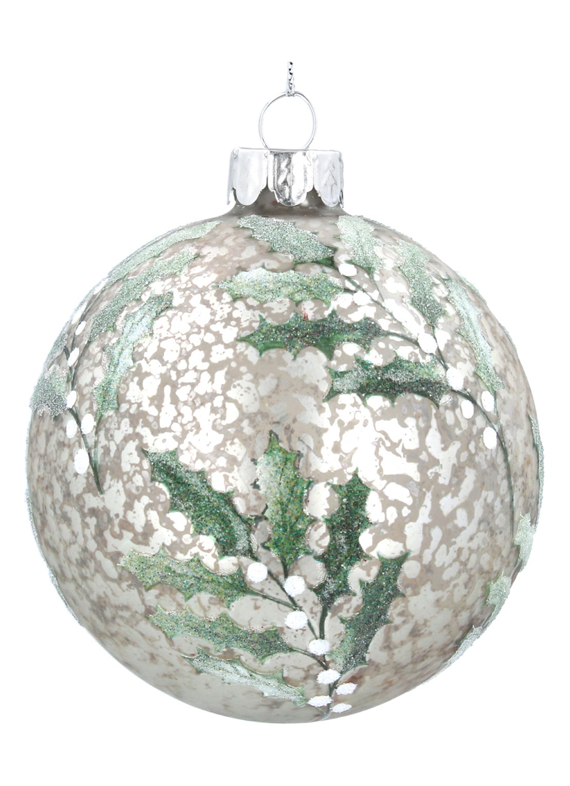 Gisela Graham Holly kerstbal 8 cm - voorkant zilver