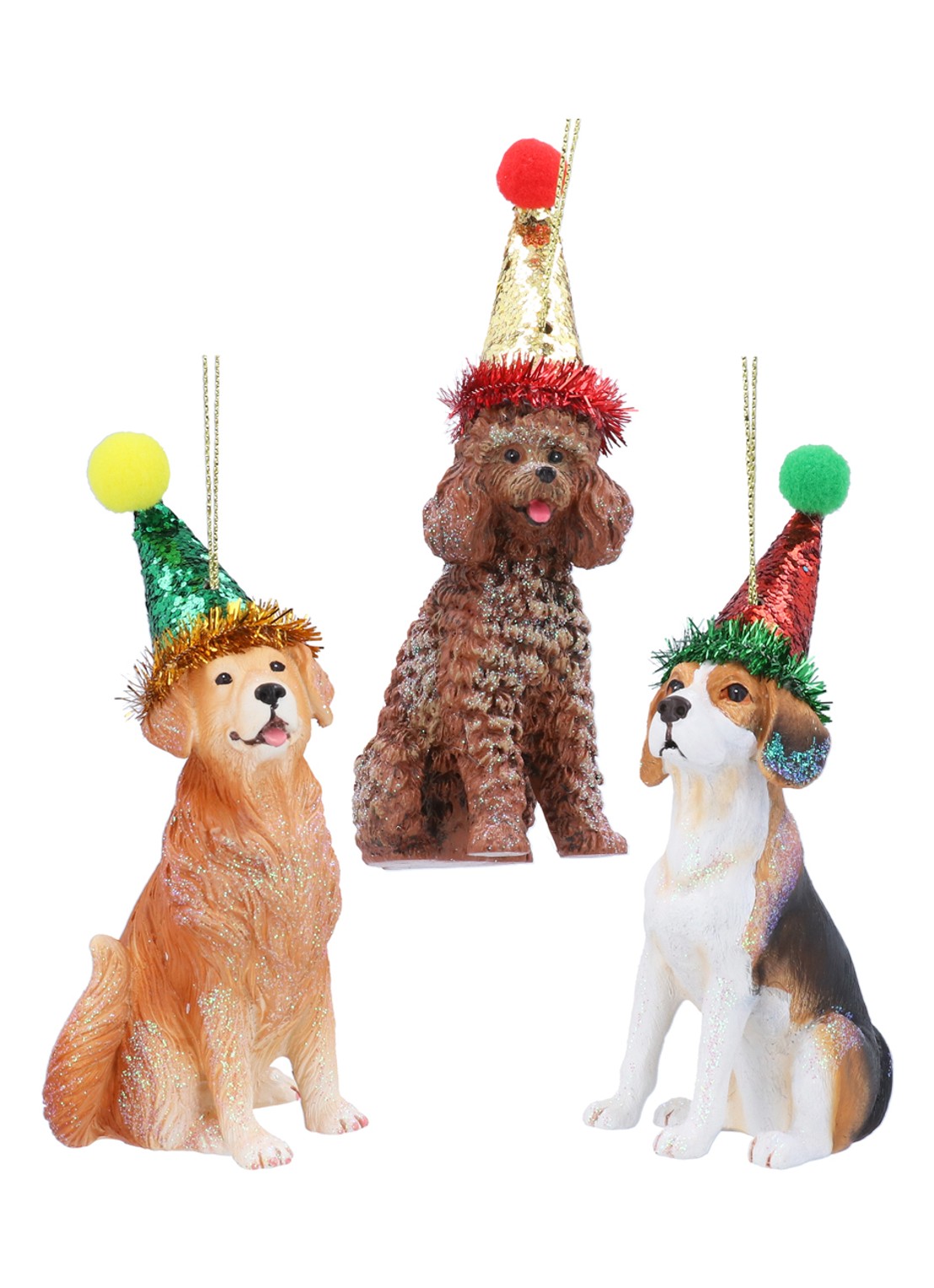 Gisela Graham Hond met Feesthoed kersthanger 12 cm set van 3  - voorkant bruin