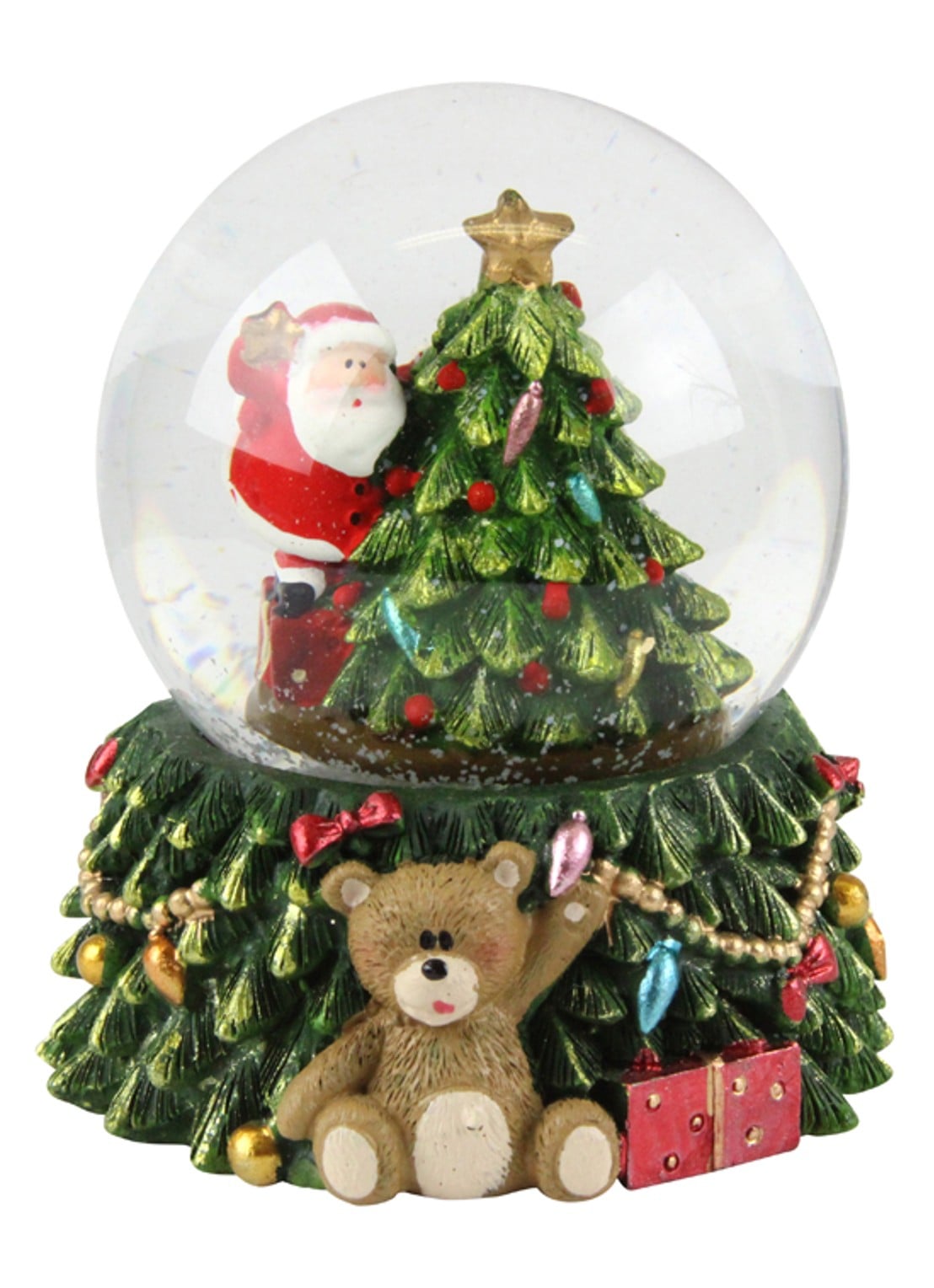 Gisela Graham Kerstman met Kerstboom sneeuwbol 8,5 cm - voorkant donkergroen