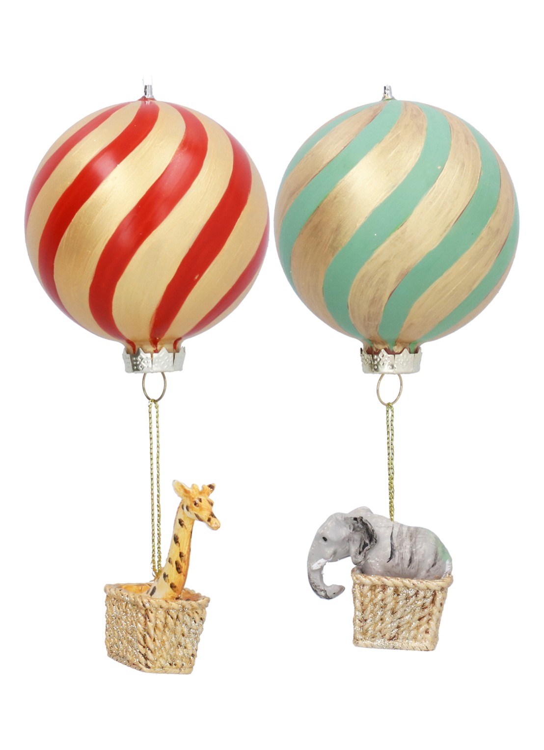 Gisela Graham Olifant & Giraf in Luchtballon kersthanger 19 cm - voorkant goud