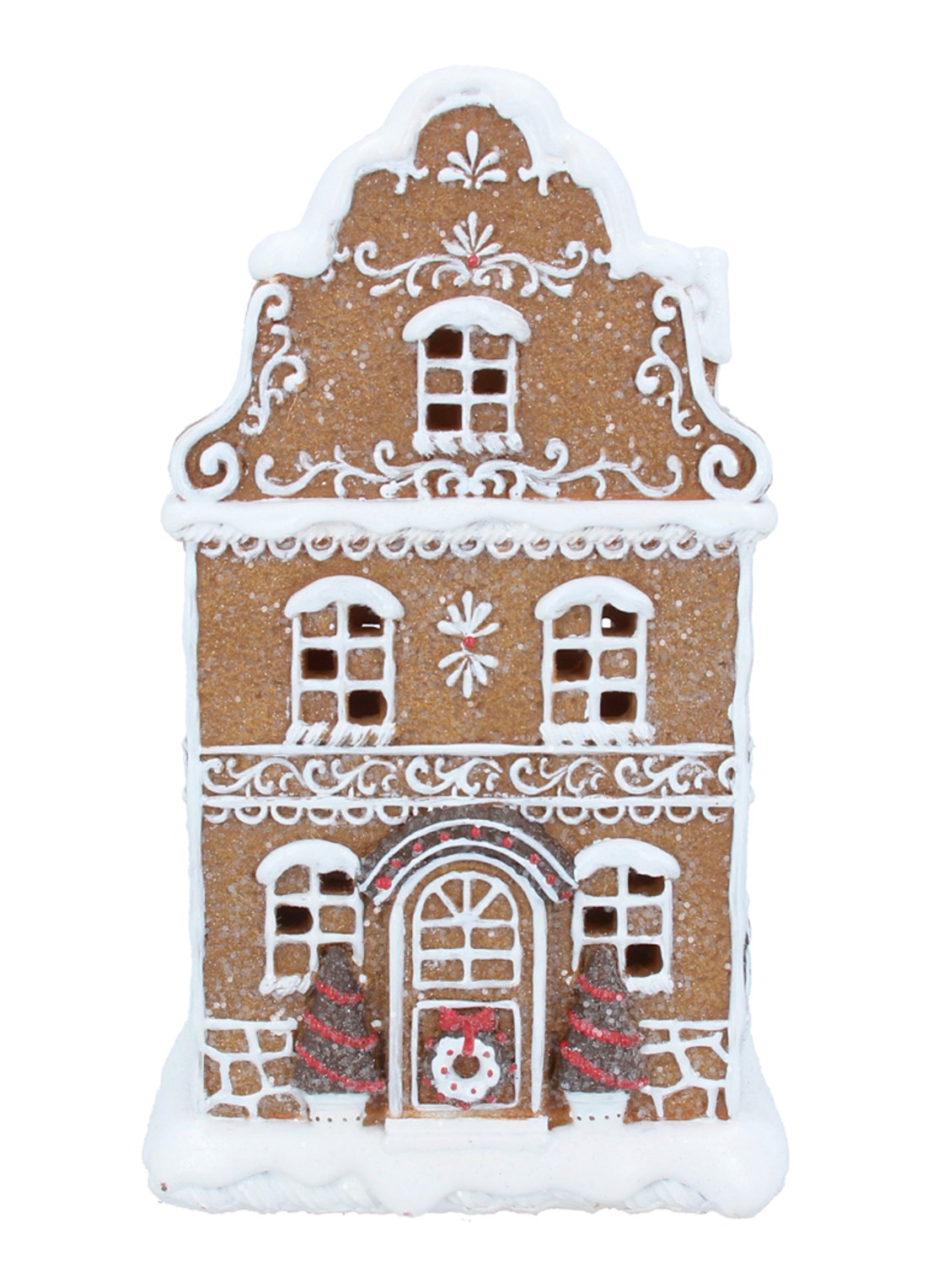 Gisela Graham Peperkoek Stadshuis kerstornament met LED verlichting 21 cm - voorkant bruin