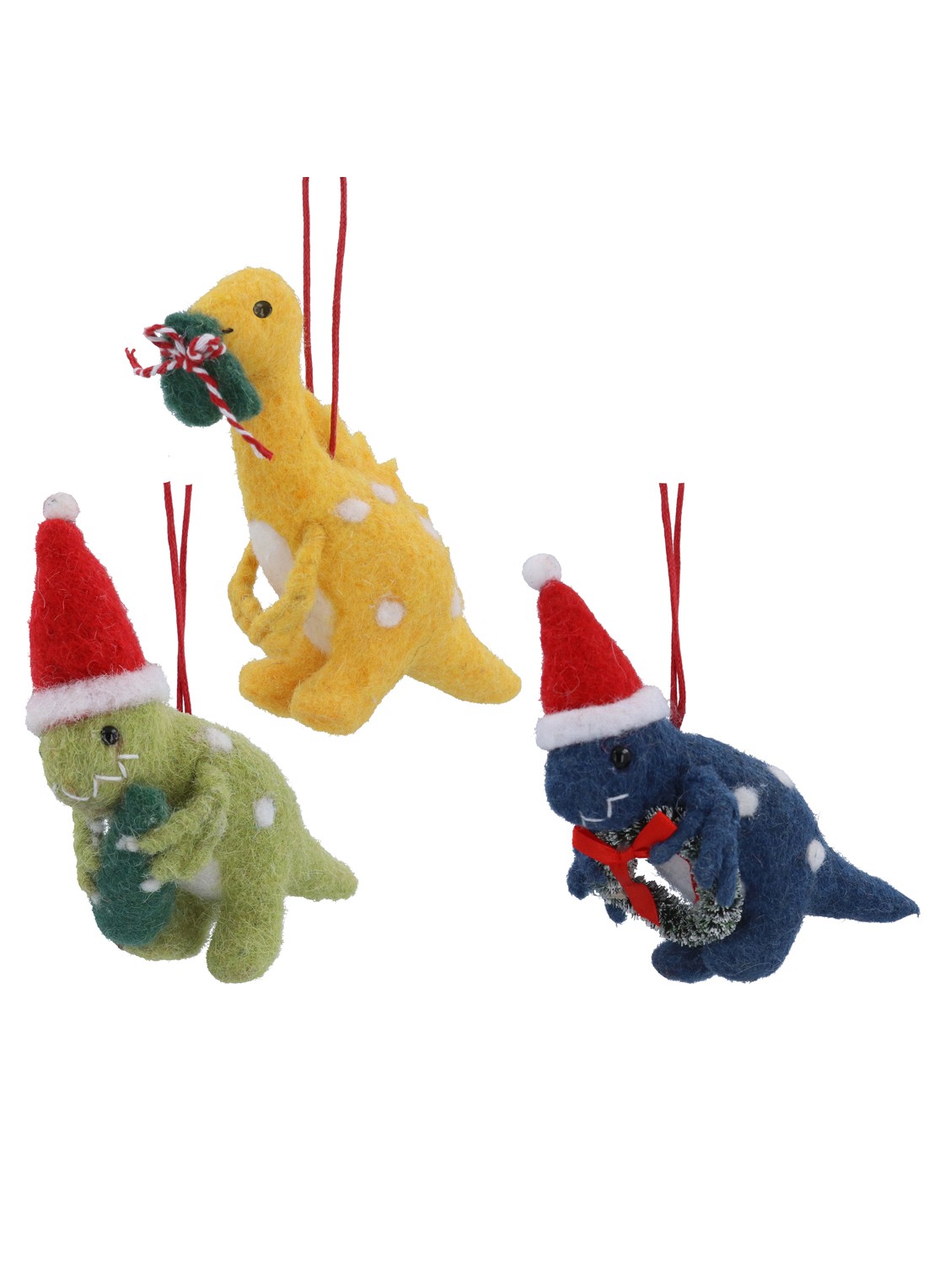 Gisela Graham Verklede Dinosaurus kersthanger 17 cm set van 3 - voorkant geel