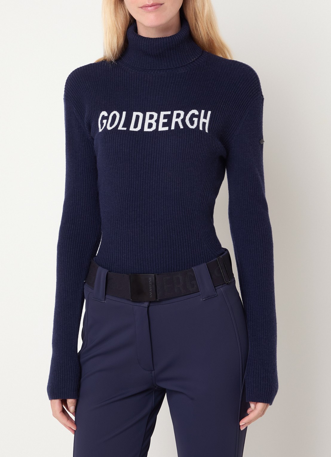 Goldbergh Fire ribgebreide trui in wolblend met col - detail donkerblauw