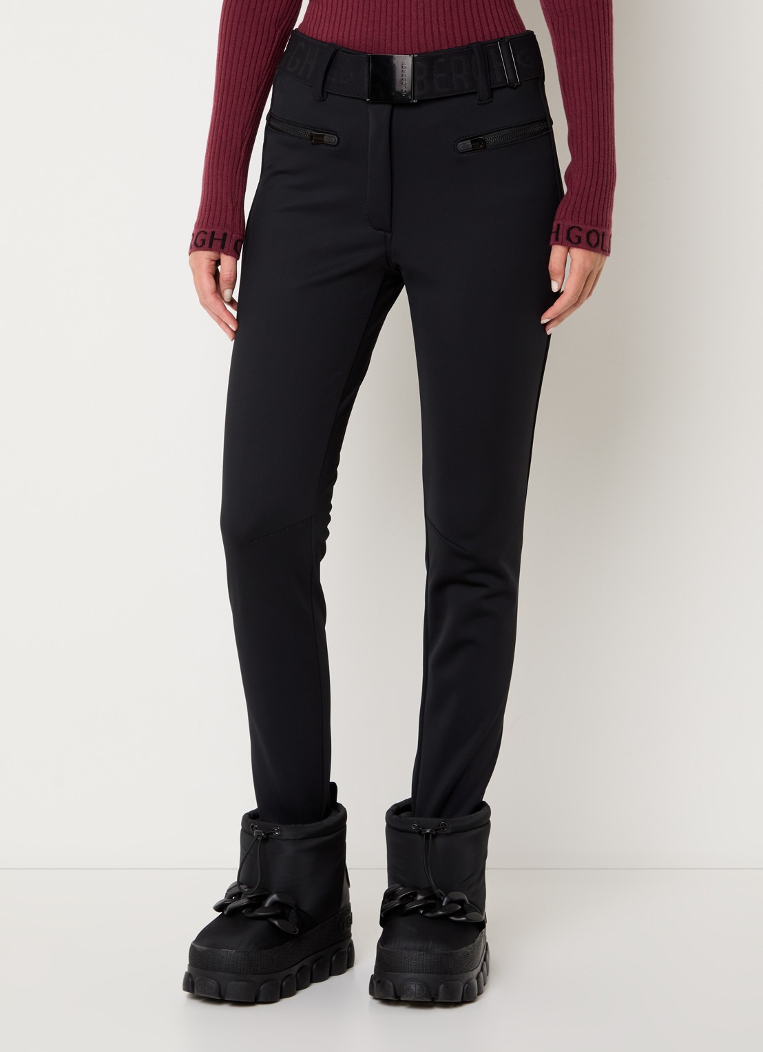 Goldbergh Paris high waist slim fit skibroek met ceintuur en ritszakken - detail zwart