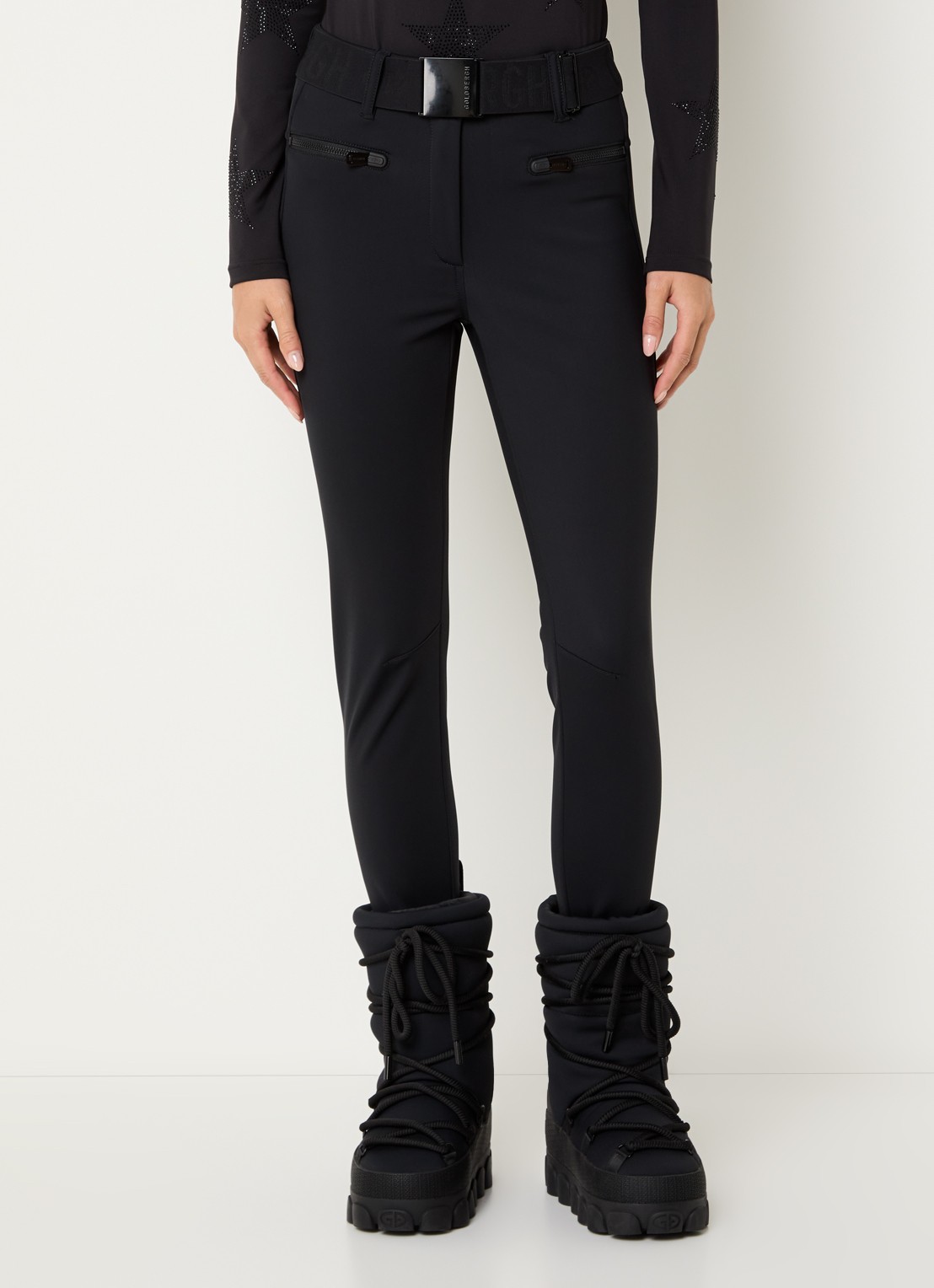 Goldbergh Paris high waist slim fit skibroek met ritszakken - detail zwart