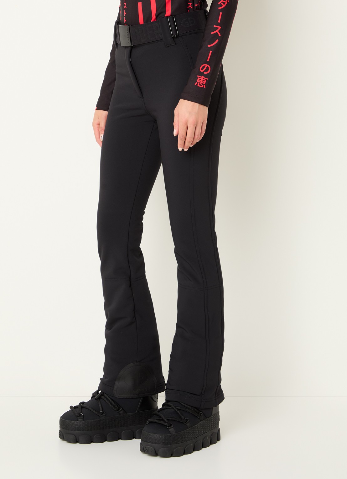 Goldbergh Pippa high waist flared fit skibroek met ceintuur - detail zwart