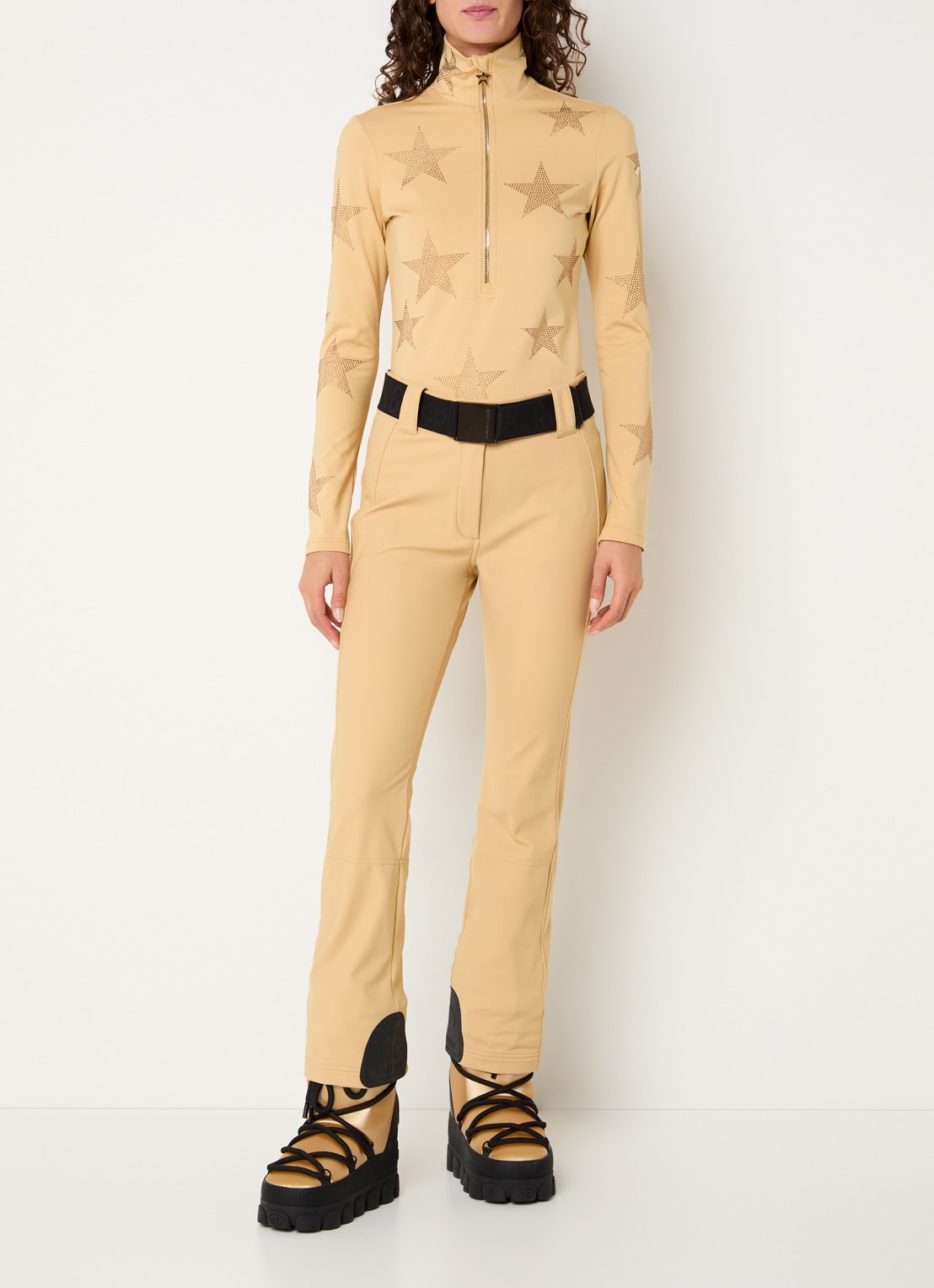 Goldbergh Pippa high waist flared fit skibroek met ritszakken - voorkant 6 camel