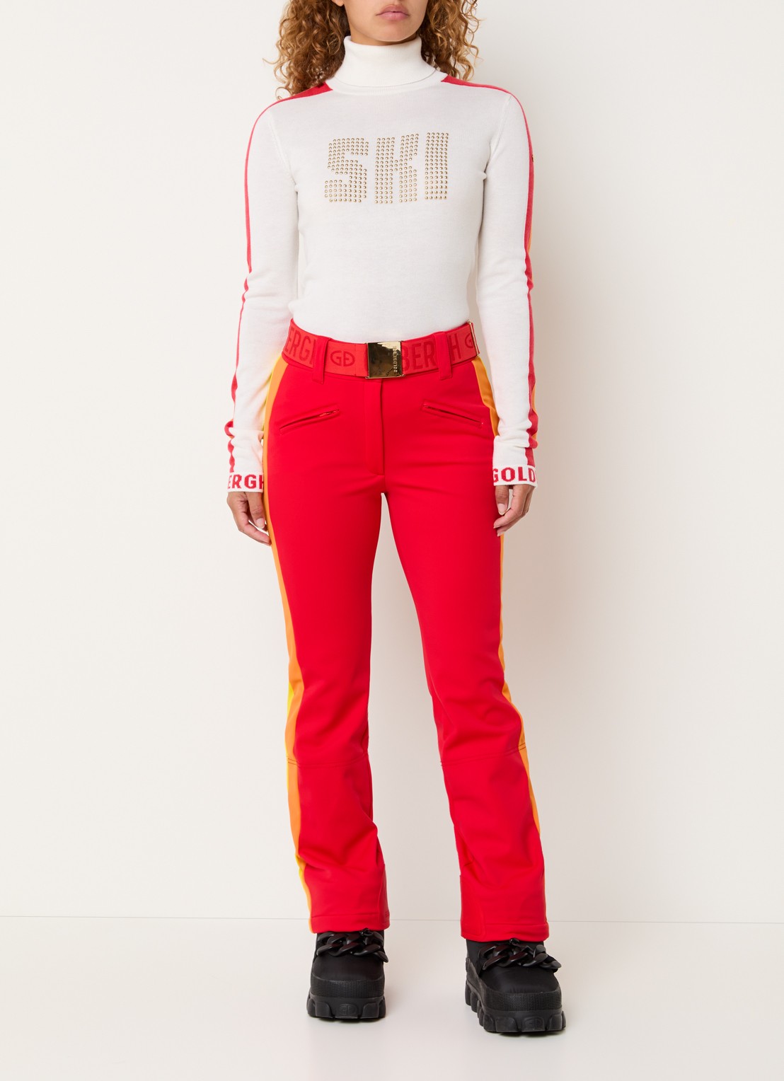 Goldbergh Roccia high waist flared fit skibroek met ceintuur - voorkant 2 rood