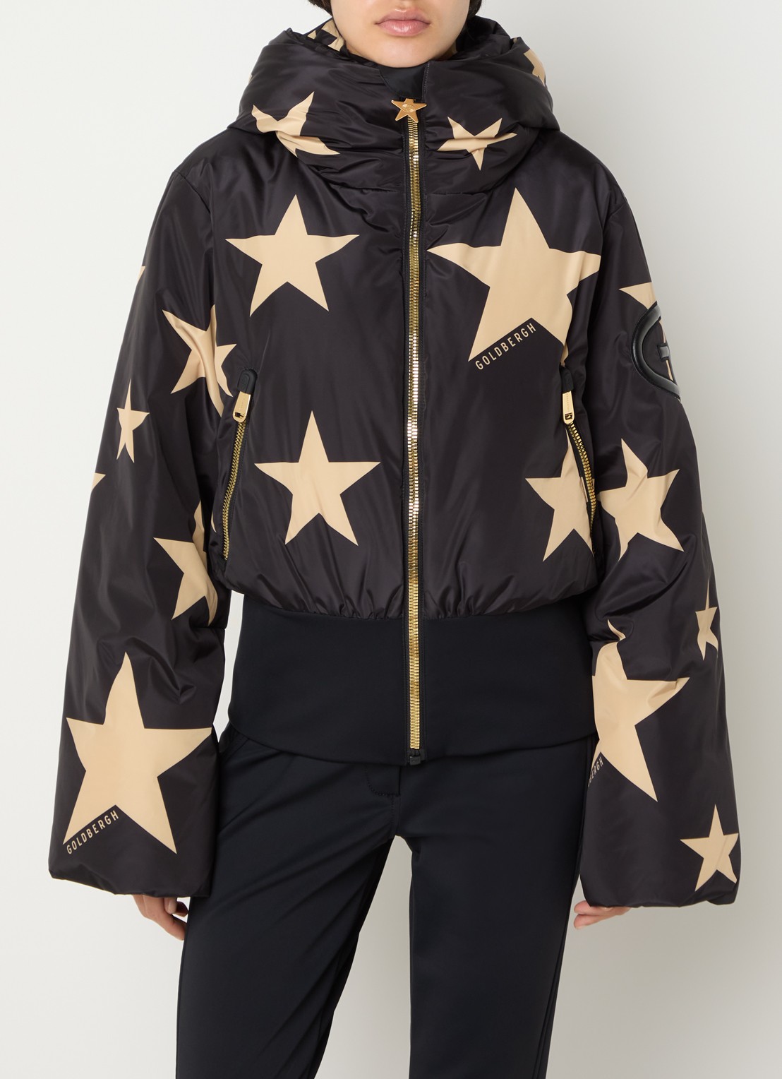 Goldbergh Shinnen gewatteerd bomberjack met trompetmouw en donsvulling - detail donkerblauw