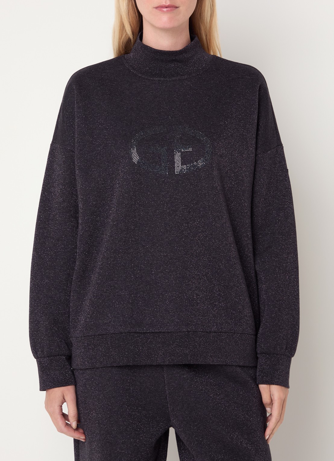 Goldbergh Sizzle sweater met logo en strass - detail antraciet
