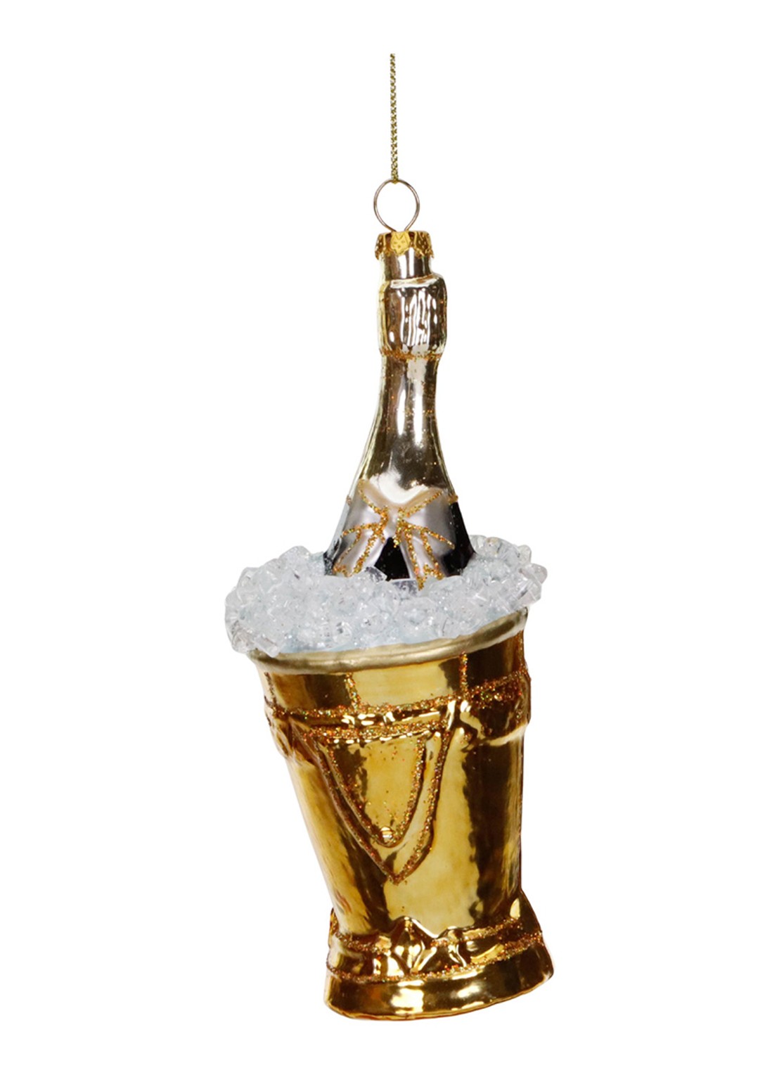 Goodwill Champagnefles in Koeler kersthanger 17 cm - voorkant goud