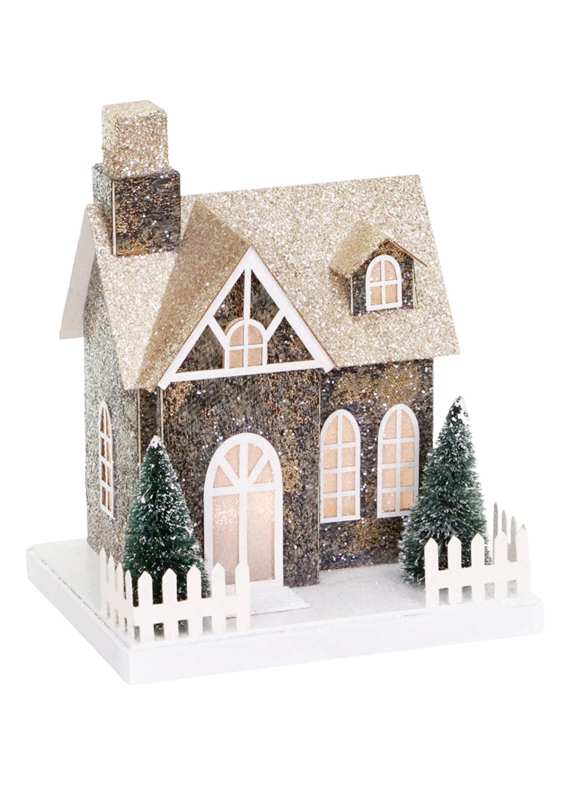 Goodwill Huisje kerstornament met LED verlichting 12,5 cm - voorkant beige
