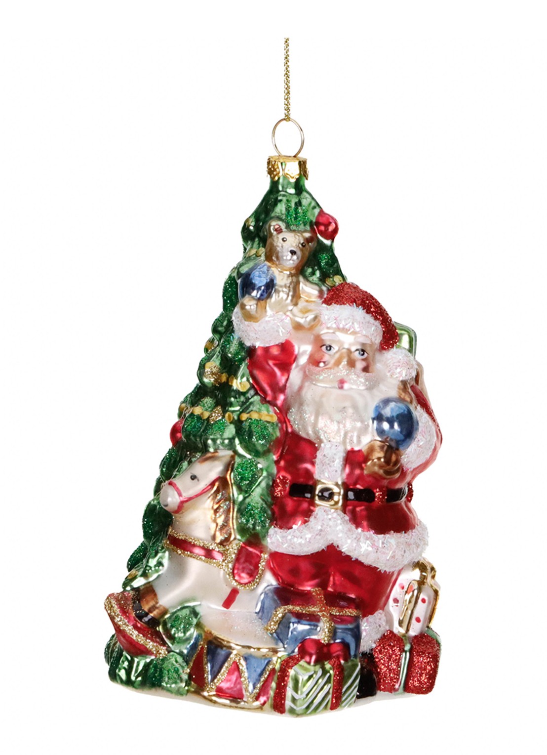 Goodwill Kerstman met Kerstboom en Cadeaus kersthanger 15 cm - voorkant rood
