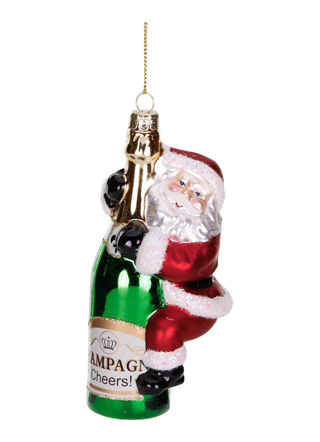 Goodwill Kerstman op Champagnefles kersthanger 14 cm - voorkant rood
