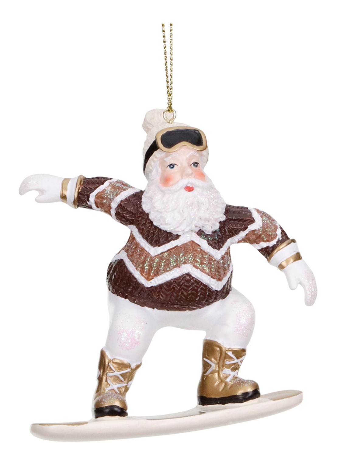 Goodwill Kerstman op Snowboard kersthanger 10 cm - voorkant bruin