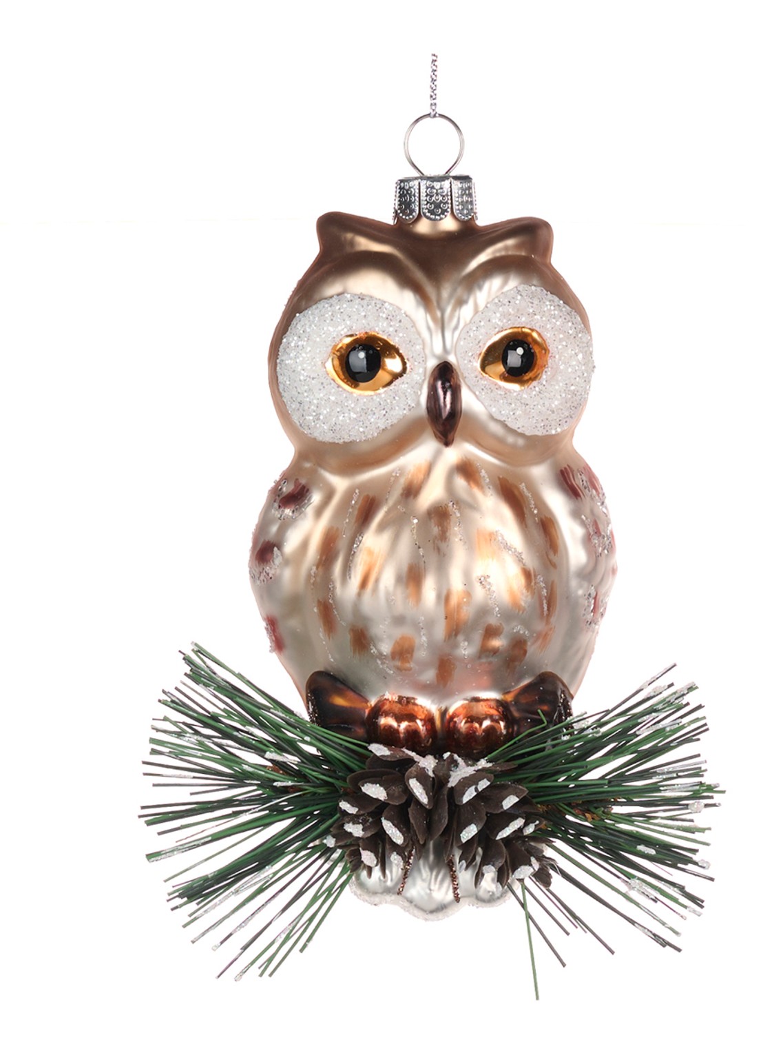 Goodwill Uil op Dennentak kersthanger 12 cm - voorkant bruin