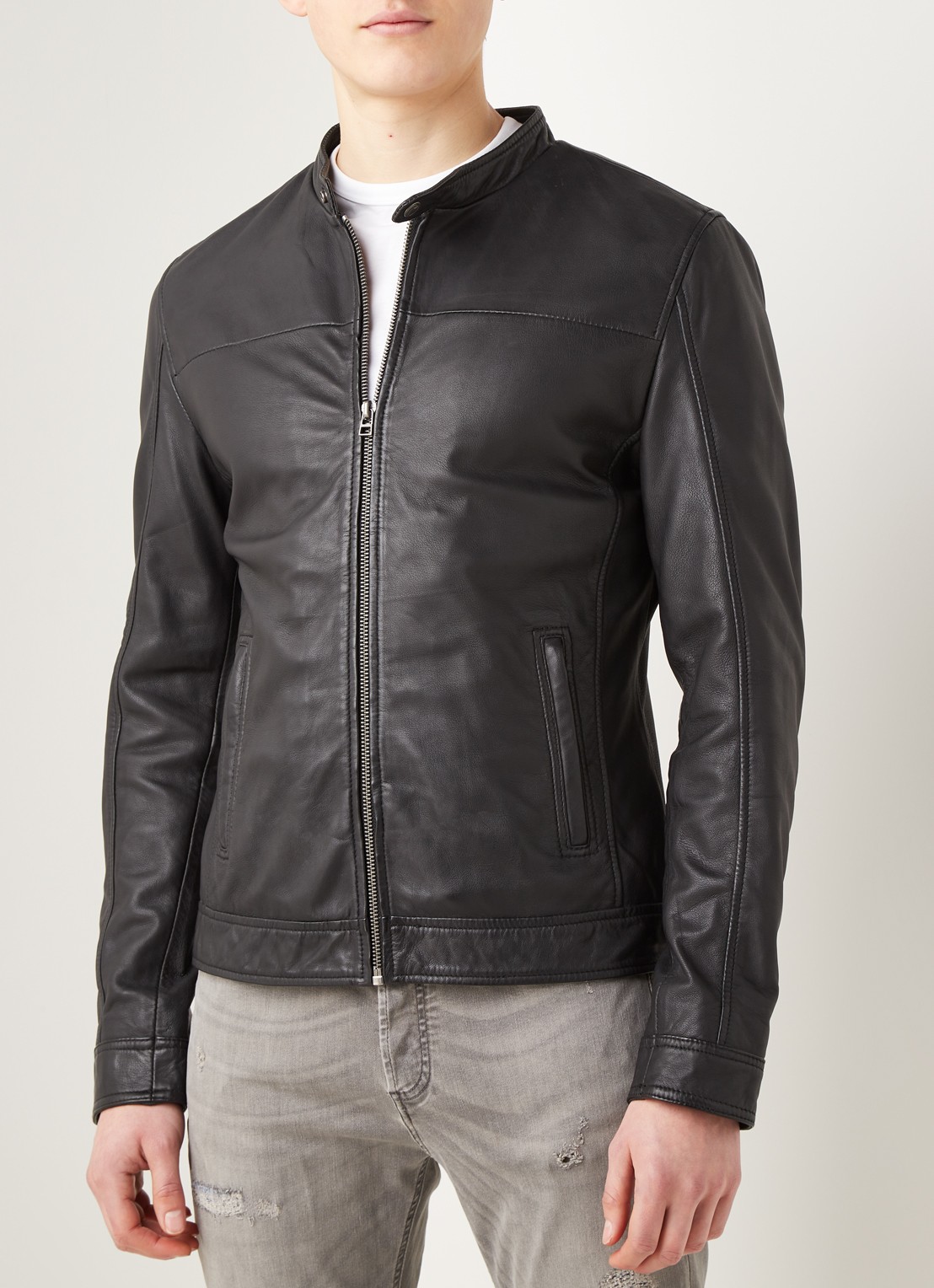 Goosecraft Bikerjack van schapenleer met ritszakken - detail zwart