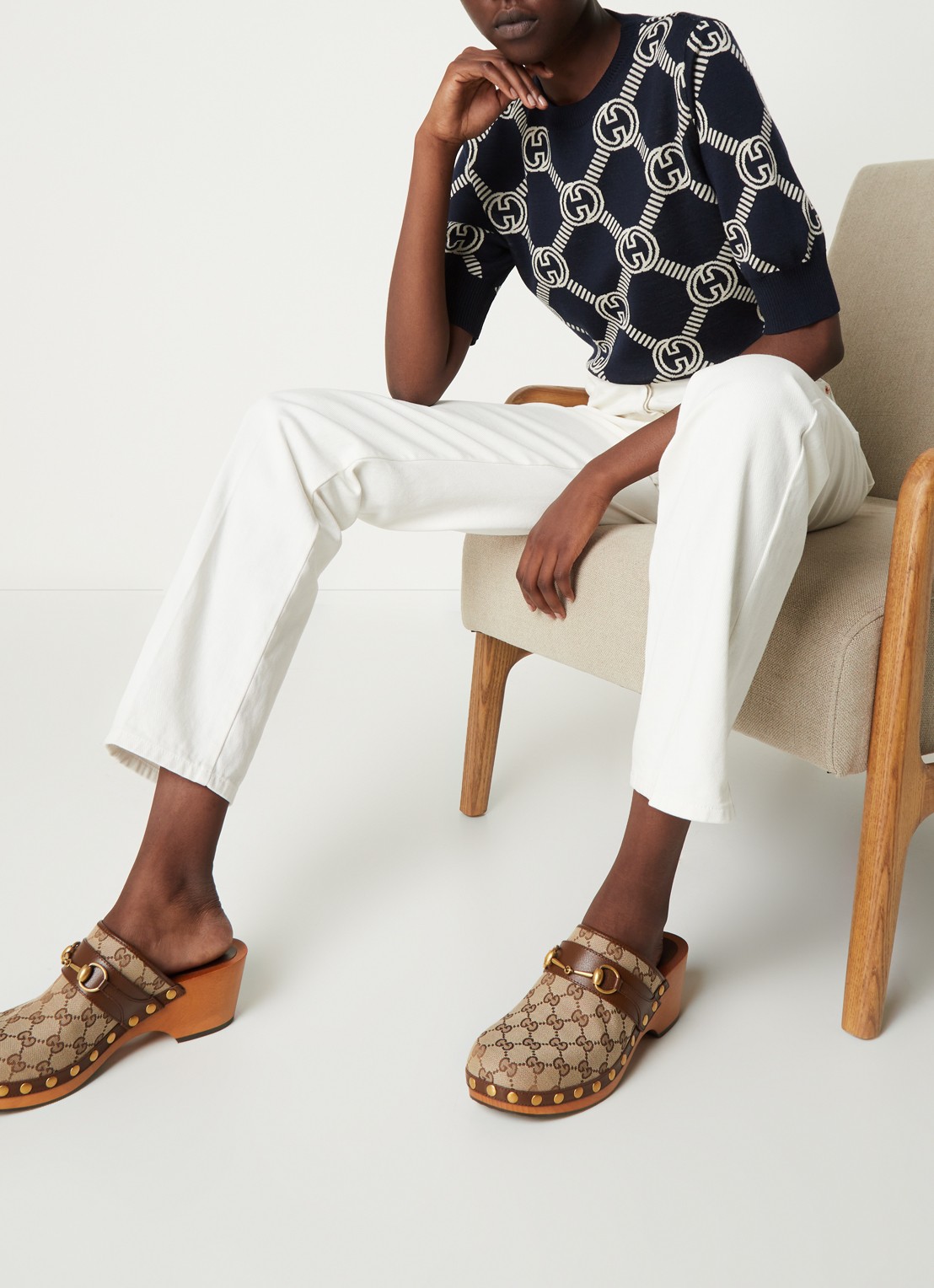 Gucci Clog muiltje van canvas met leren details - voorkant 7 bruin