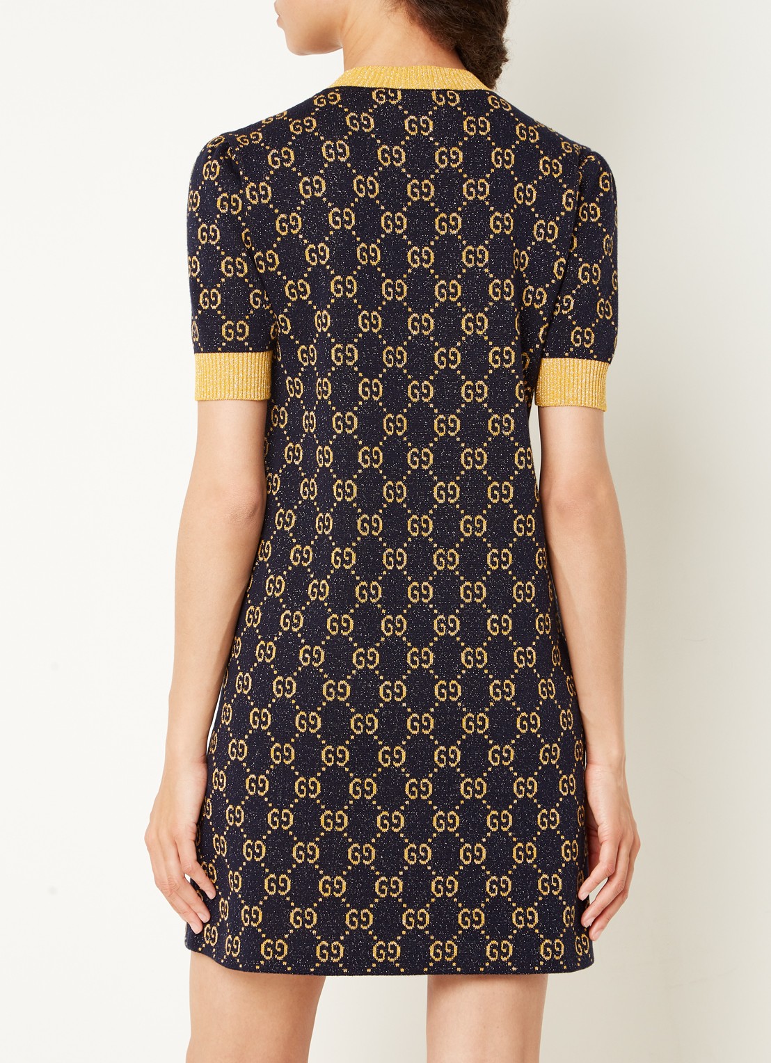 Gucci Fijngebreide mini jurk met lurex en logoprint - achterkant blauw