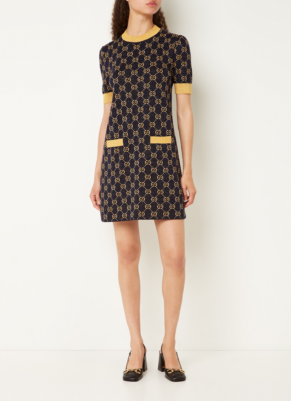 Gucci Fijngebreide mini jurk met lurex en logoprint - voorkant 4 blauw