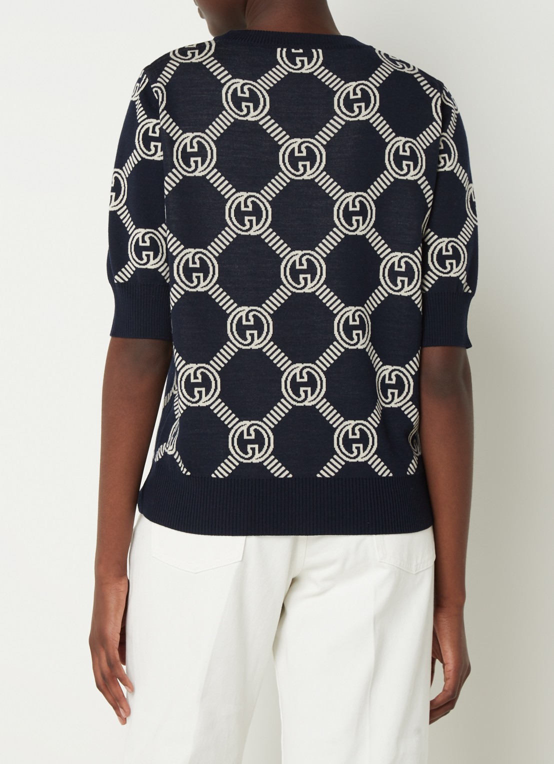 Gucci Fijngebreide top in wolblend met logopatroon - achterkant blauw