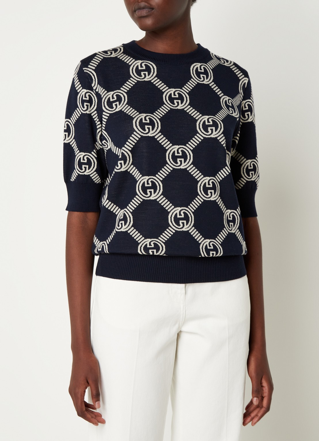 Gucci Fijngebreide top in wolblend met logopatroon - detail 5 blauw