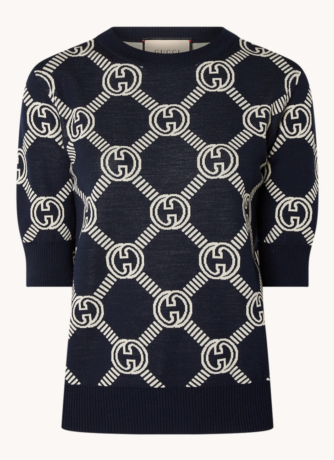 Gucci Fijngebreide top in wolblend met logopatroon - voorkant 2 blauw