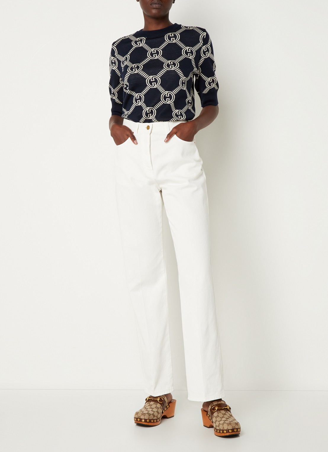 Gucci Fijngebreide top in wolblend met logopatroon - voorkant 3 blauw