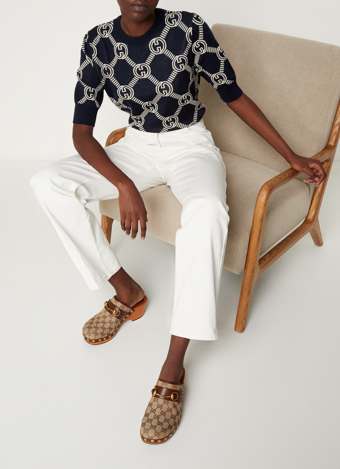 Gucci Fijngebreide top in wolblend met logopatroon - voorkant 4 blauw