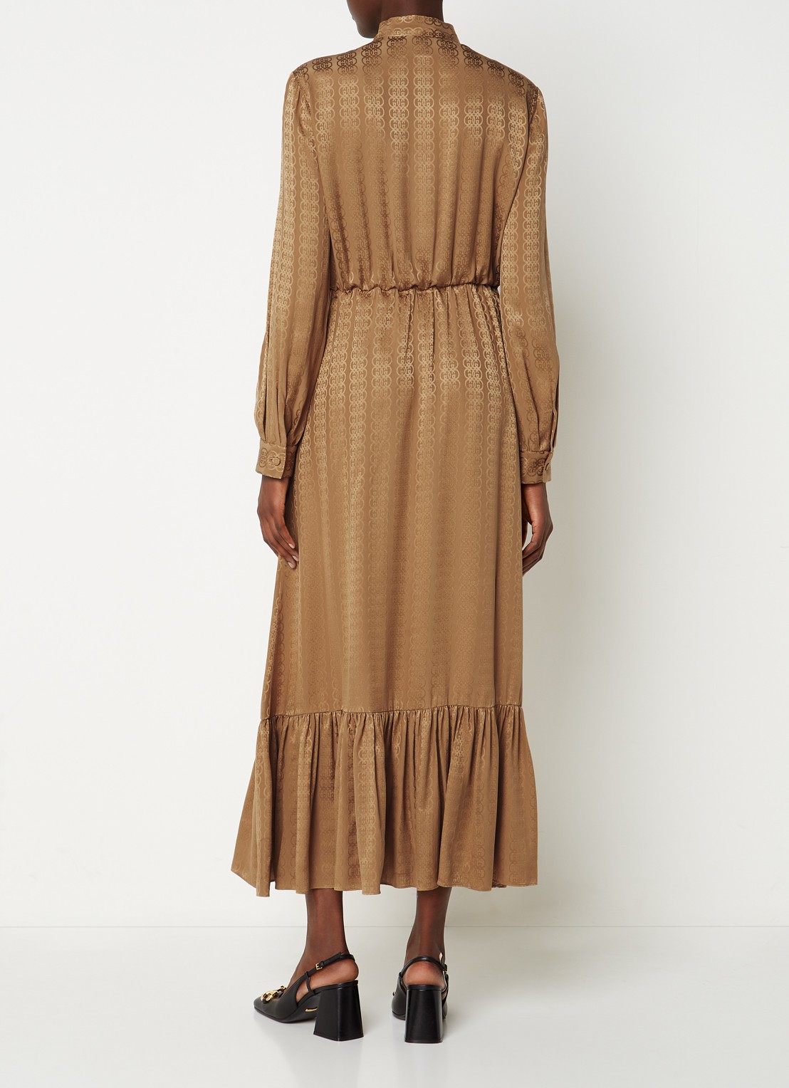 Gucci Maxi jurk van zijde met steekzakken en strikdetail - achterkant camel