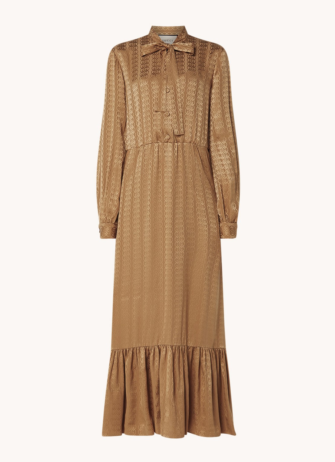 Gucci Maxi jurk van zijde met steekzakken en strikdetail - voorkant 2 camel