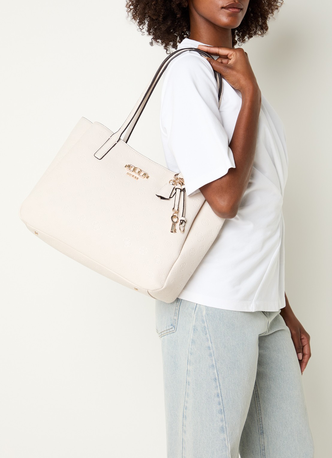 GUESS Anise handtas met logoprint  - voorkant 5 beige